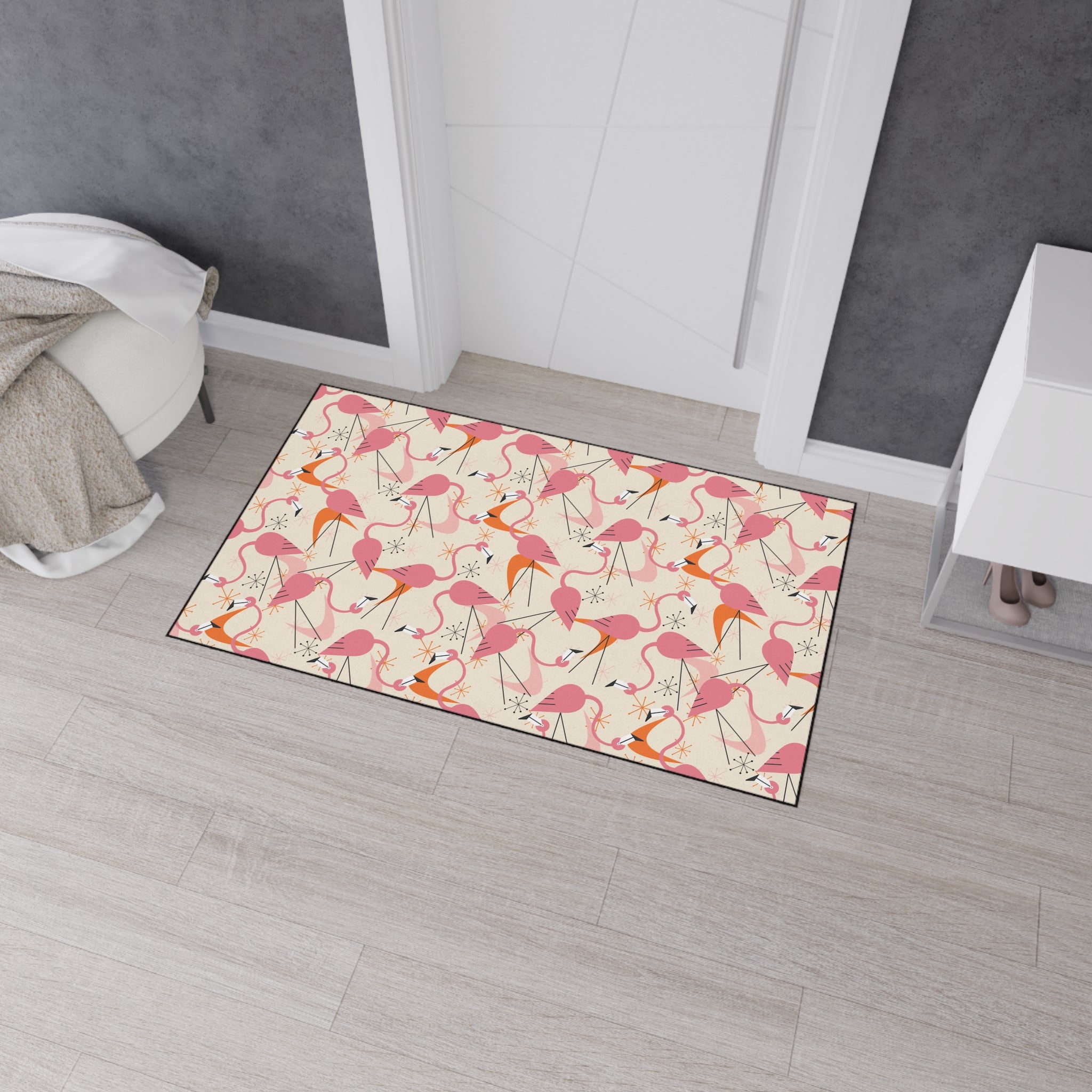 Mid Century Modern Dancing Kitschy Quirky Flamingos Print Heavy Duty Floor Mat - Vibrant Indoor/Outdoor Rug for Home Décor - Mid Century Modern Gal
