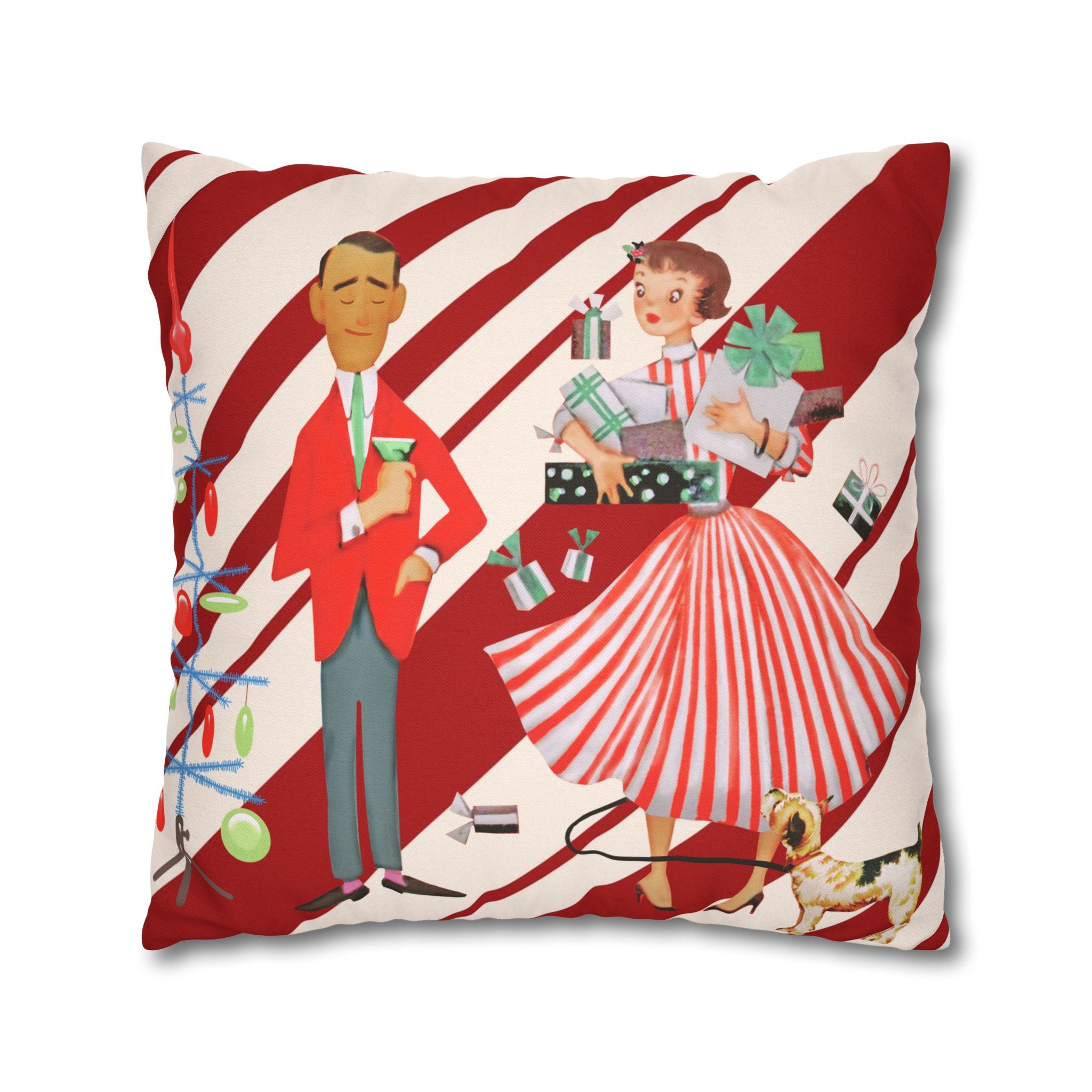 Retro Vintage Christmas Pillow Cover, Red And White Candy Cane Striped, Mid Century Modern Christmas Card Kitschy Holiday Throw - Mid Century Modern Gal