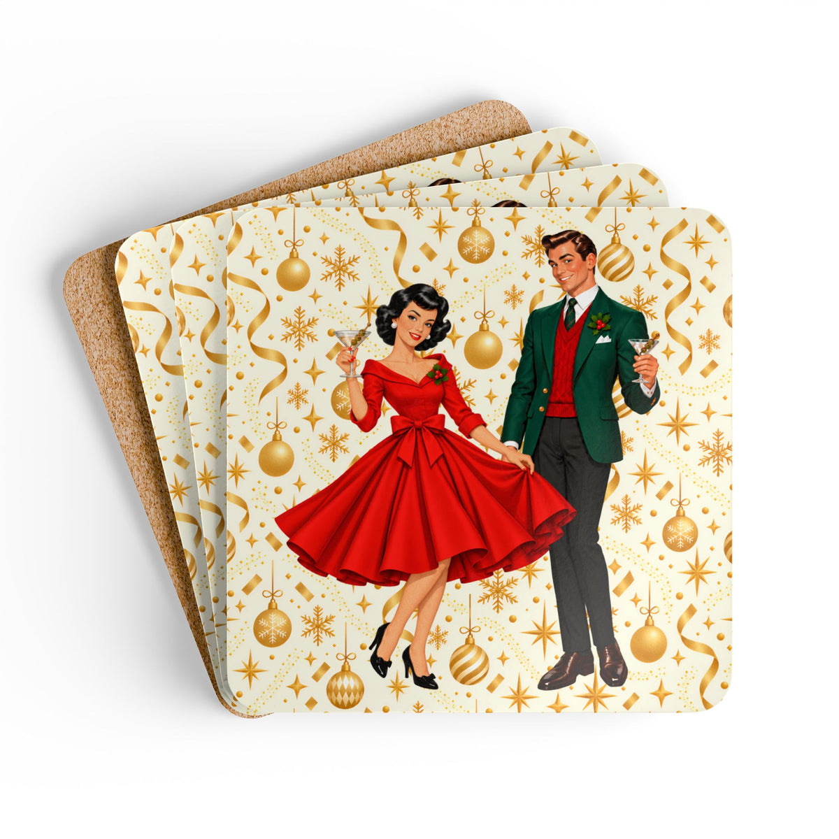 Mid Century Modern Christmas Party Martini Couple Corkwood Coaster Set - Mid Century Modern Gal