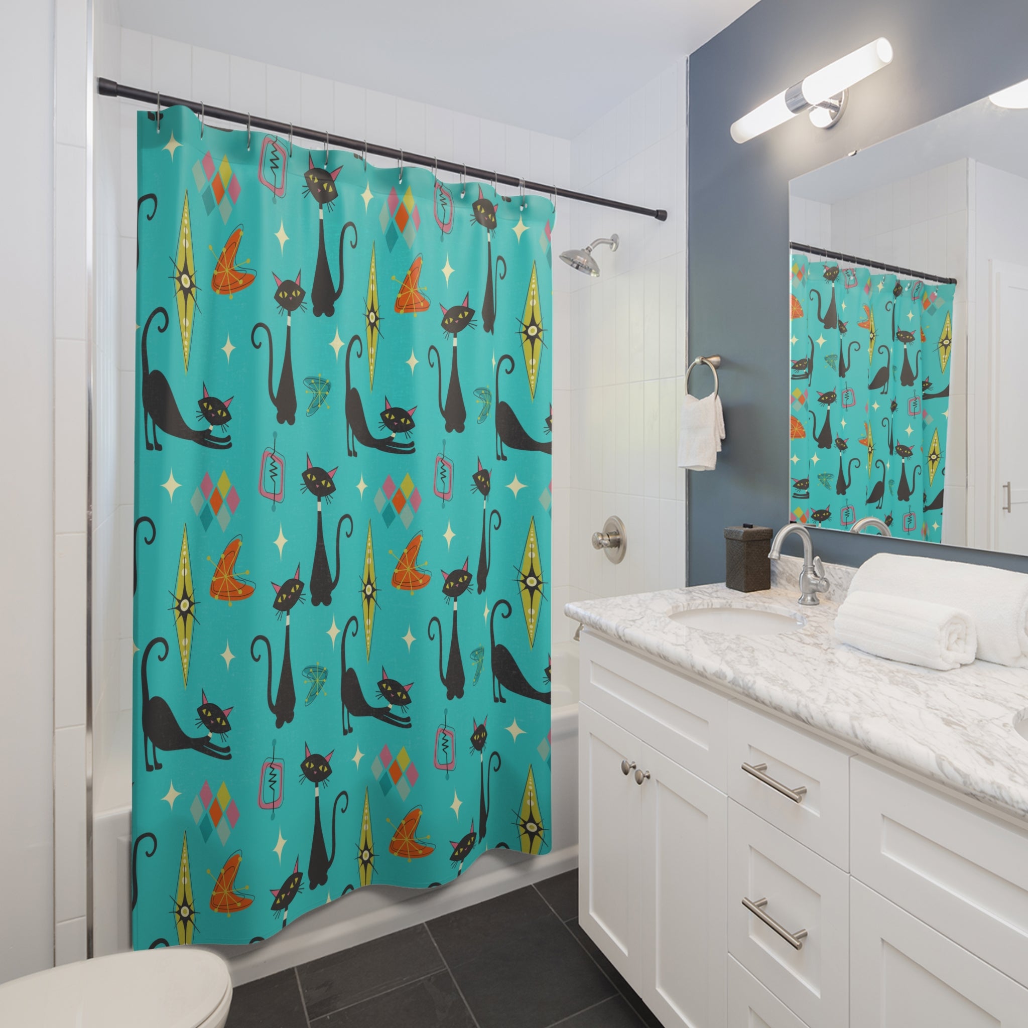 Atomic Cats Starbursts Boomerangs Kitschy Mod Retro Cat Shower Curtain - Mid Century Modern Gal