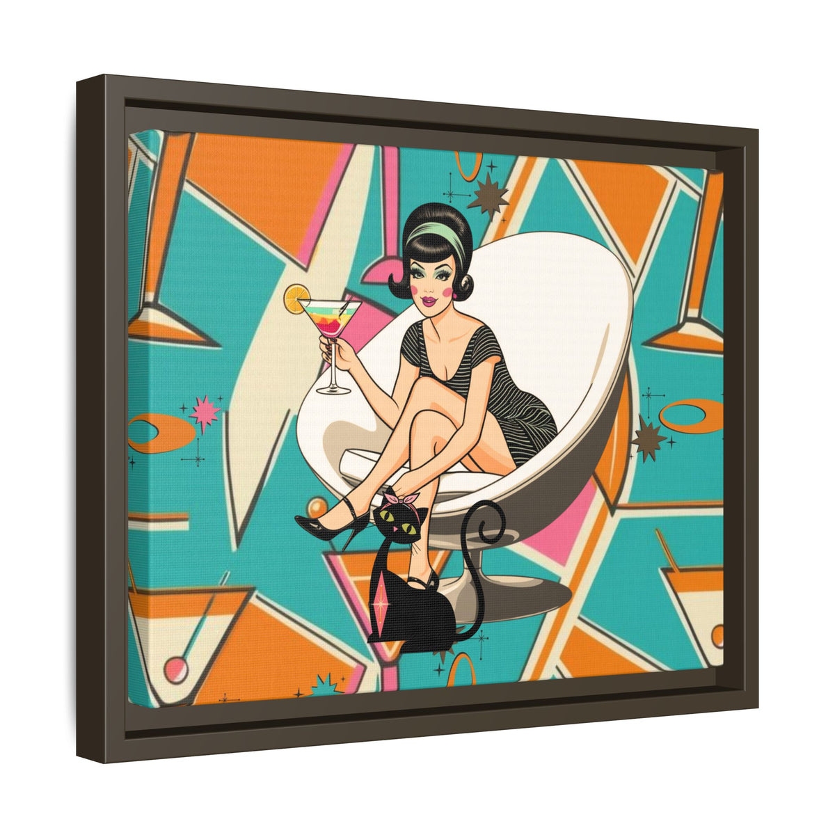 Framed matte canvas wall art featuring a retro cat and vintage cocktail design in vibrant 60s colors and patterns.