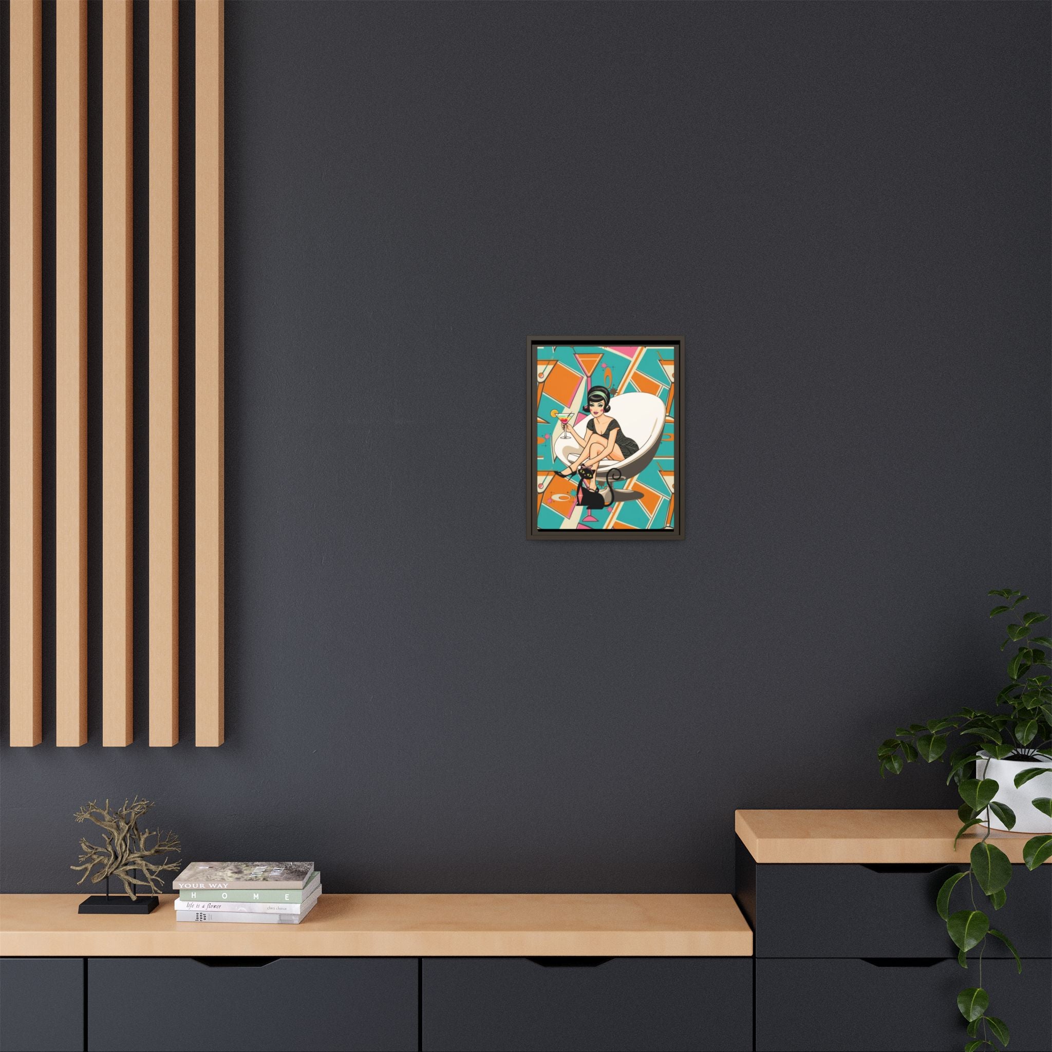 Mid Mod 60s Gal, Atomic Cat Barware Wall Art - Framed Matte Canvas with Vintage Cocktail And Retro Cat Design