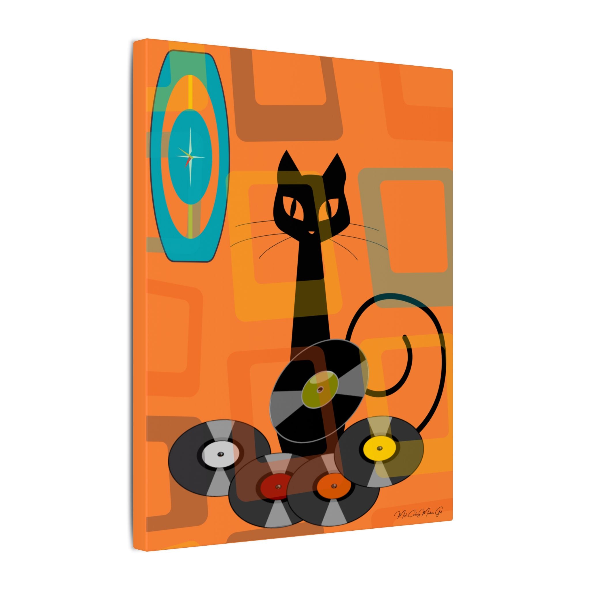Atomic Cat Retro Groovy Records Mid Century Modern Orange Geometric, Canvas Gallery MCM Mid Mod Wall Art - Mid Century Modern Gal