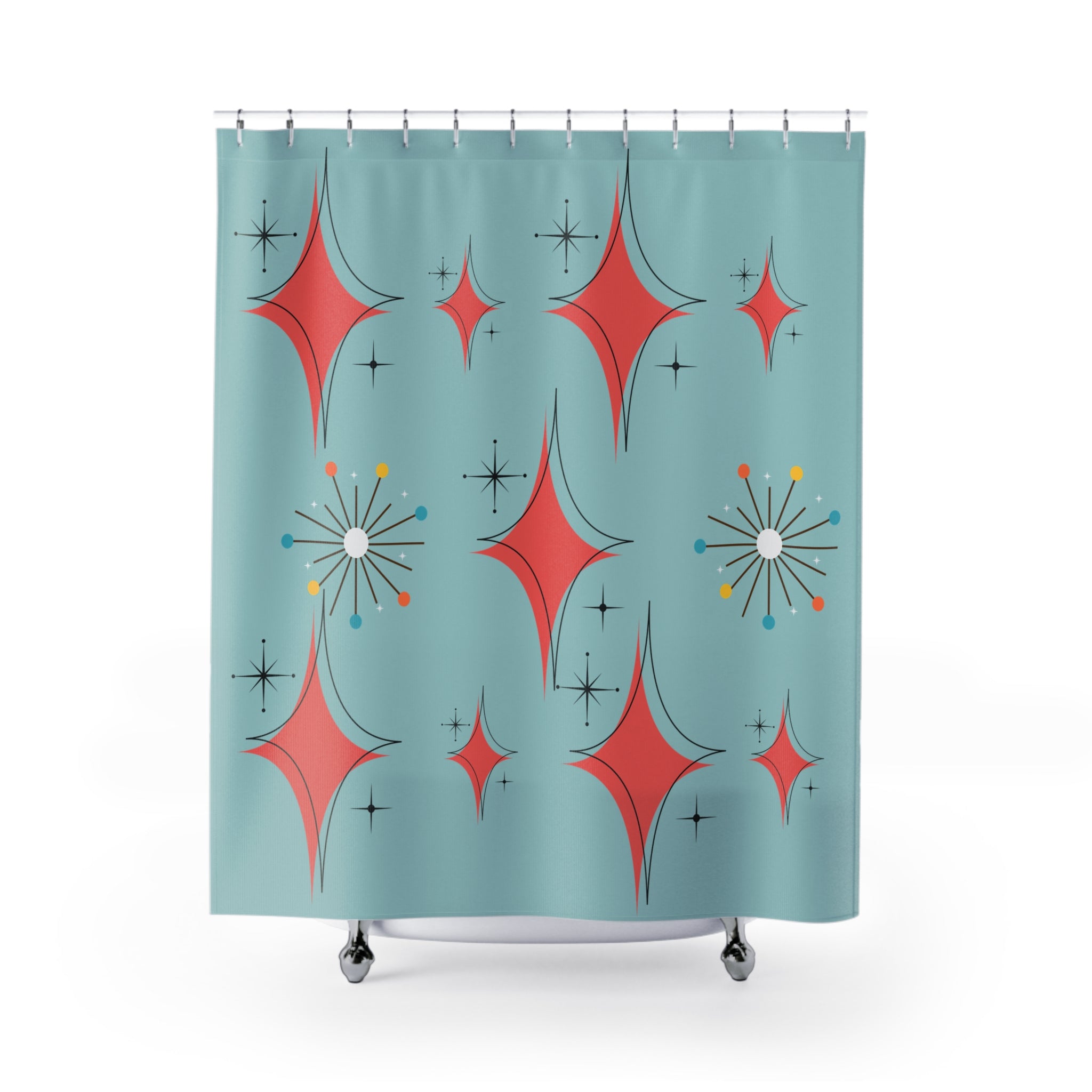 Mid Century Modern Atomic Starburst Diamond Coral, Misty Blue, Shower Curtain - Mid Century Modern Gal