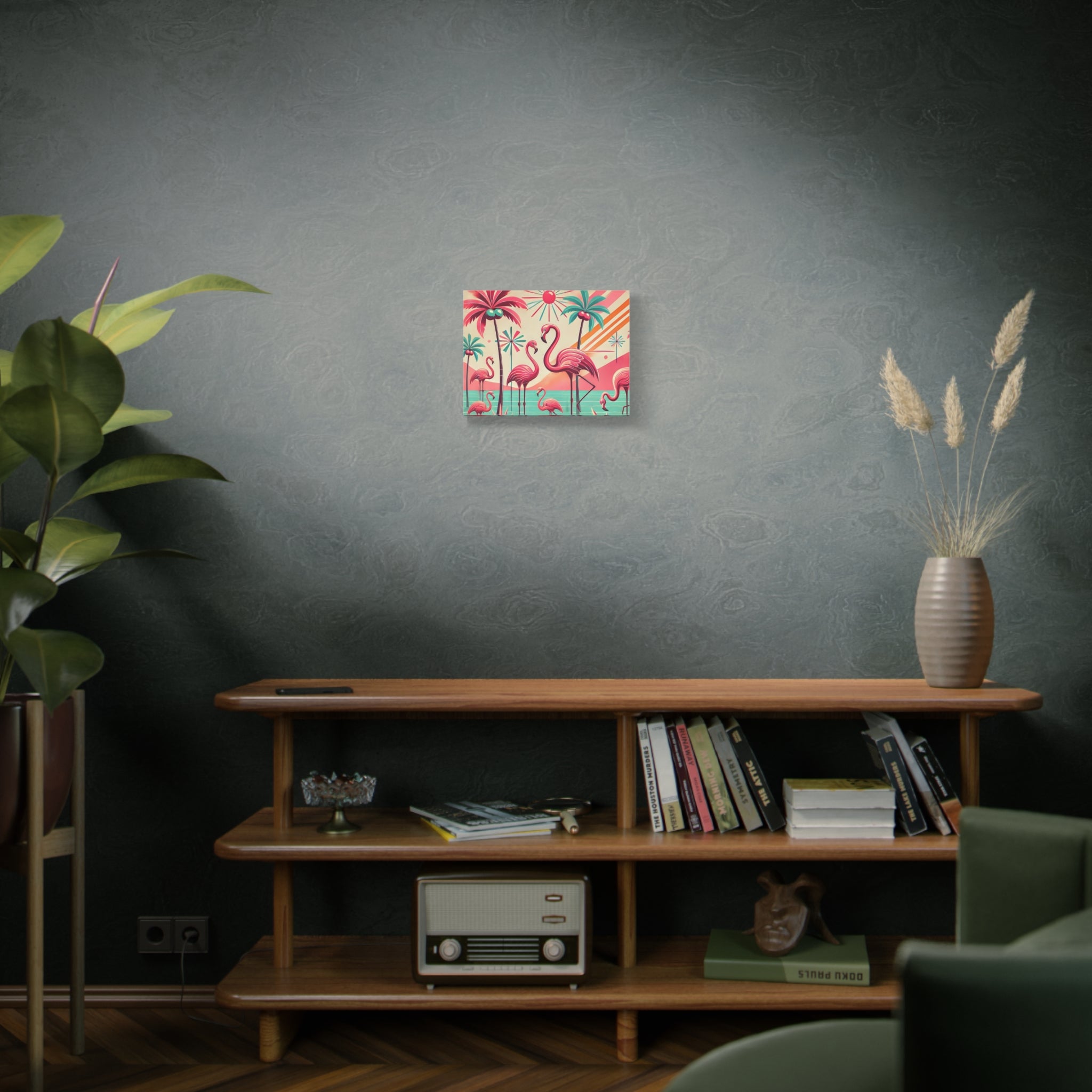 1950s Mid Century Modern Flamingo Art, Kitschy Pink, Teal, MCM Matte Canvas - Mid Century Modern Gal