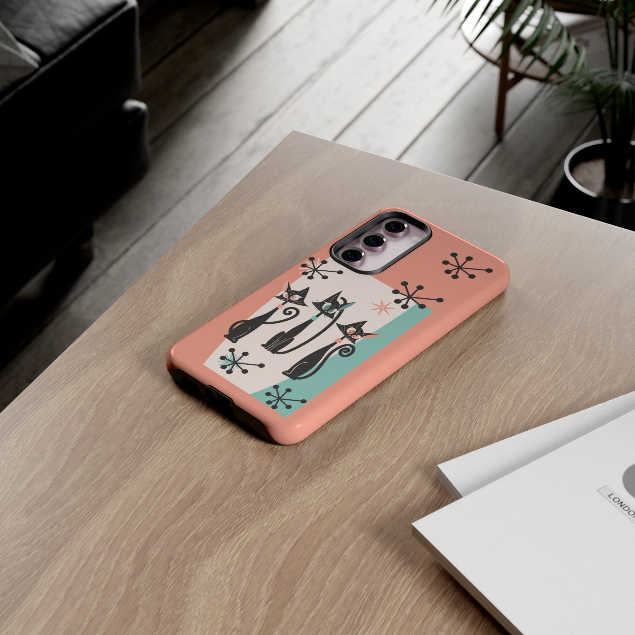 Atomic Cat Mid Mod Coral Aqua Blue Starburst Kitschy Fun Chic Samsung, Smart Phones Tough Cases - Mid Century Modern Gal