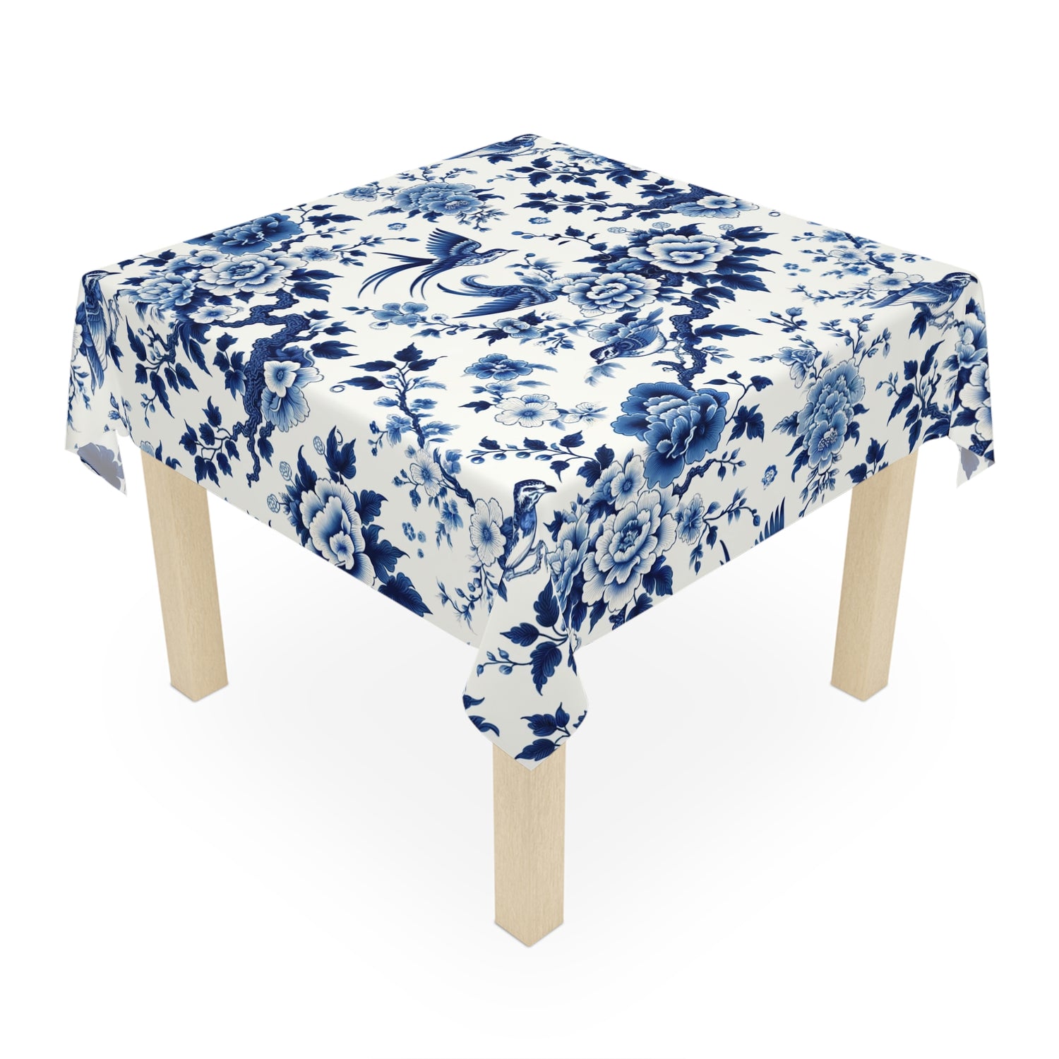 Chinoiserie Blue Willow, Floral Blue, Birds Tablecloth, Asian Infused, Elegant Table Linens - Mid Century Modern Gal