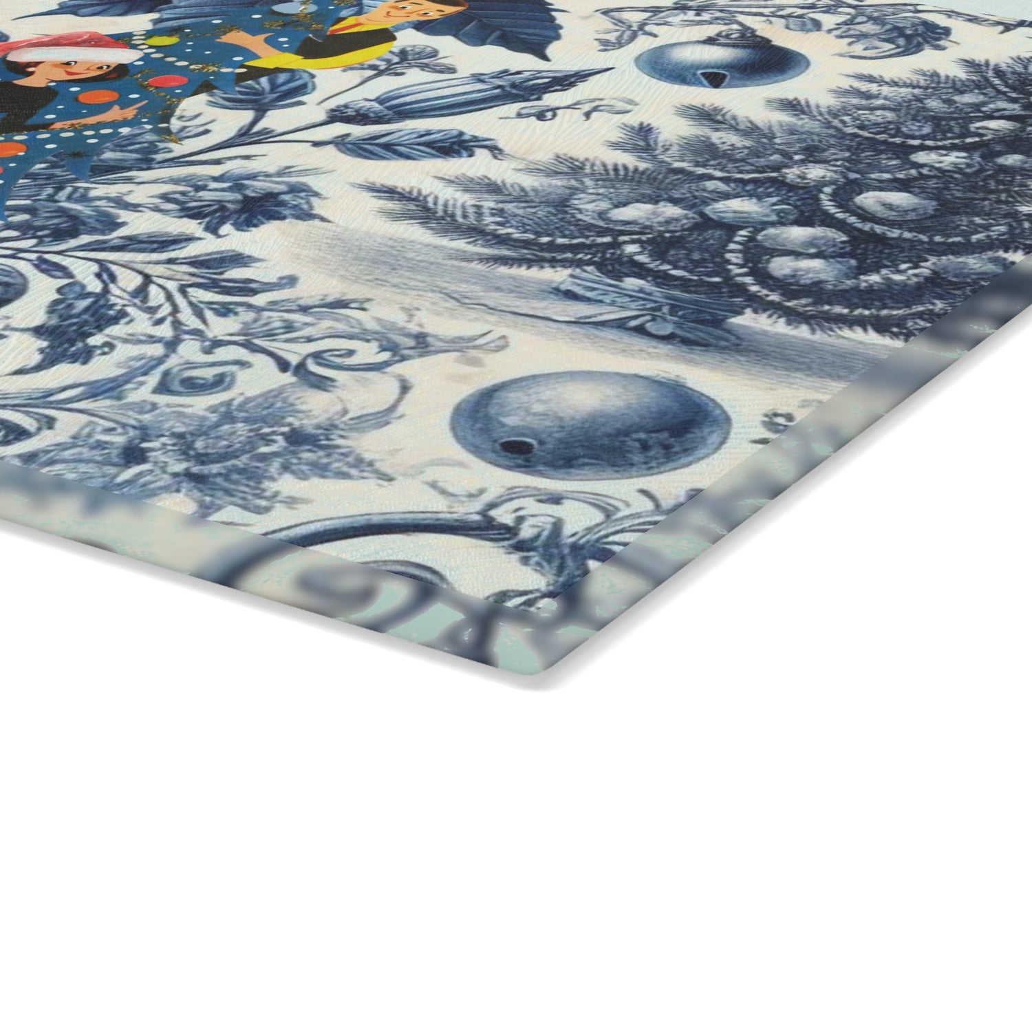 Christmas Toile, Blue White Kitschy Mod 50s Style Holiday Cheese Glass Cutting Board - Mid Century Modern Gal