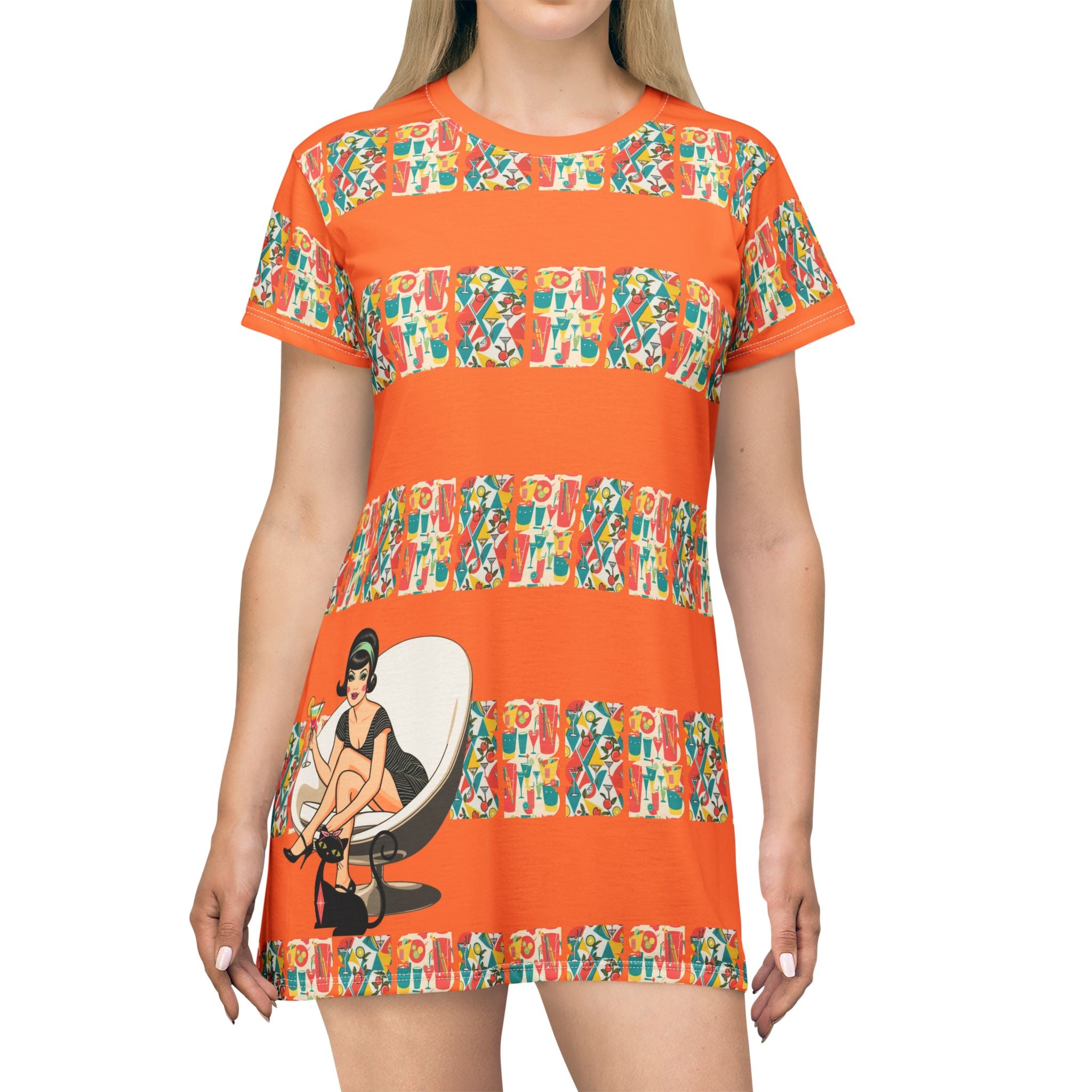 Atomic 60s Mod Gal, Cocktail Hour Retro Vibes T-Shirt Dress With Colorful Print - Mid Century Modern Gal