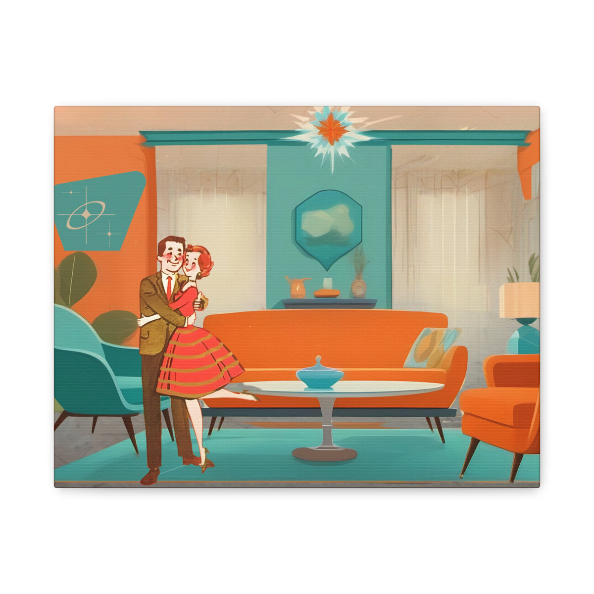 Mid Century Modern Wall Art, 50s Couple, Orange Teal, Mod Retro Wall Art - Mid Century Modern Gal