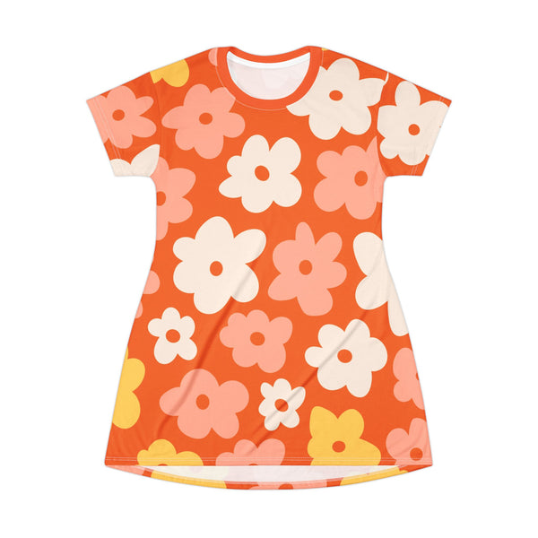 Retro Flower Power, 70s Floral Print T-Shirt Dress - Summer Vibes for Casual Outings