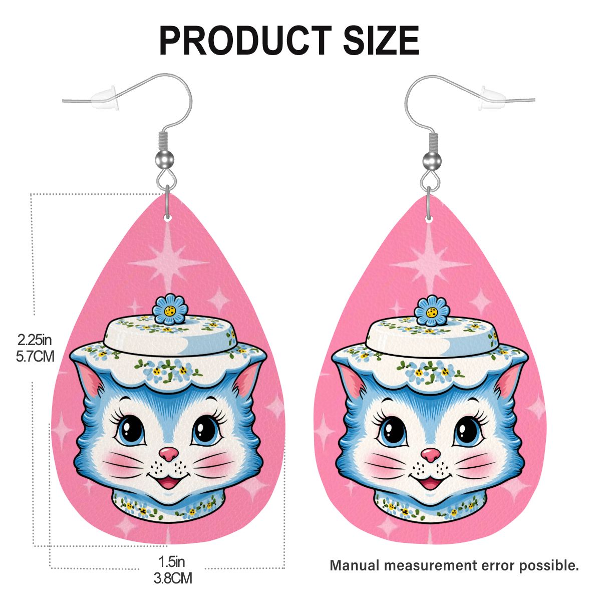 Mid Century Modern Kitschy Anthropomorphic Blue Cat with Floral Hat Vegan Leather Teardrop Earrings