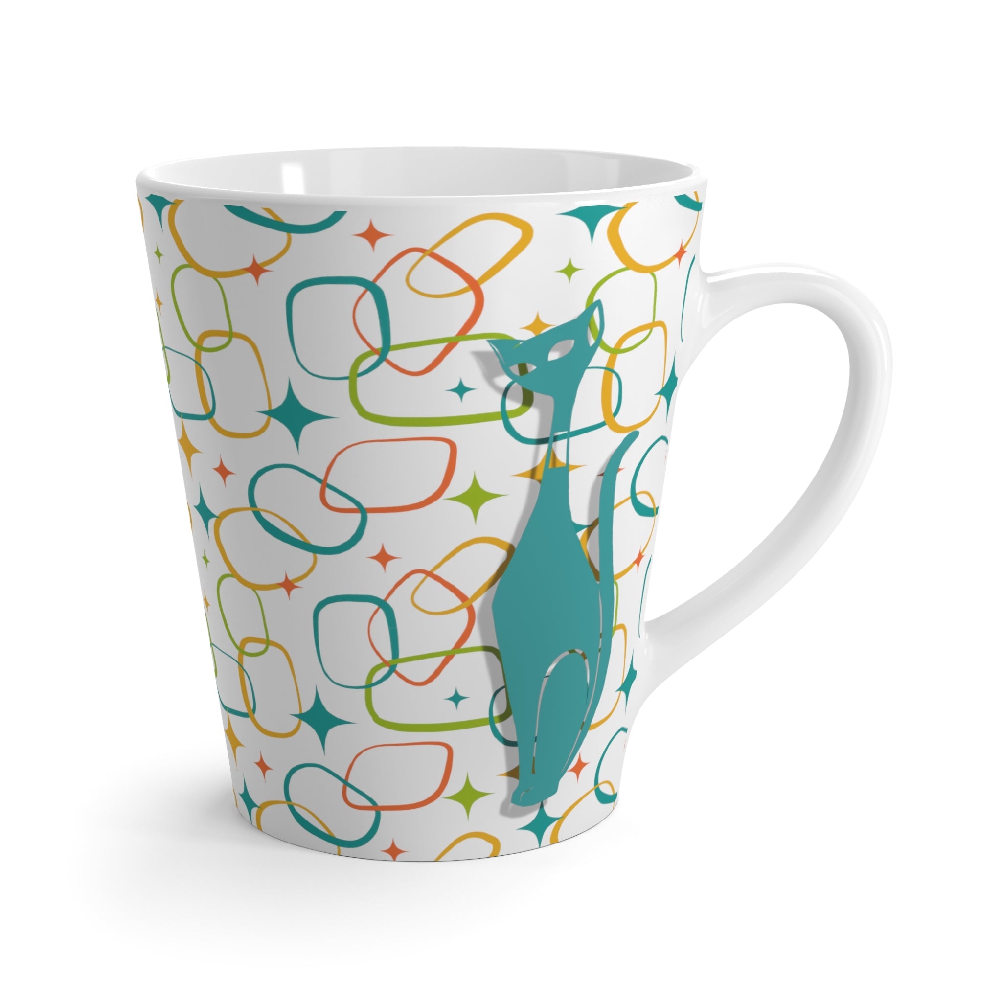 Atomic Kittie, Kitschy 50s Retro Aqua, Orange, Green Geometric MCM Latte Mug Mug 12oz