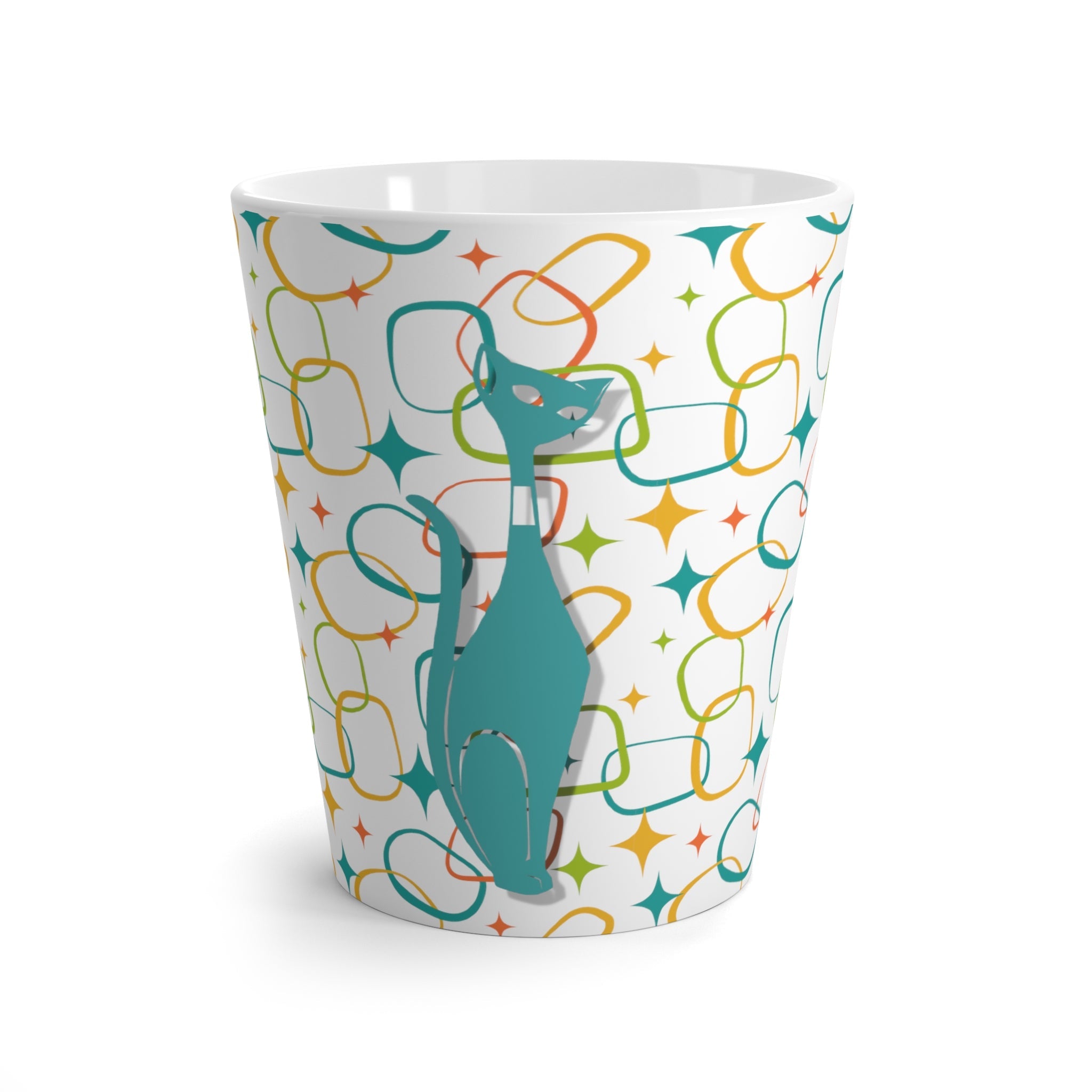 Atomic Kittie, Kitschy 50s Retro Aqua, Orange, Green Geometric MCM Latte Mug Mug 12oz