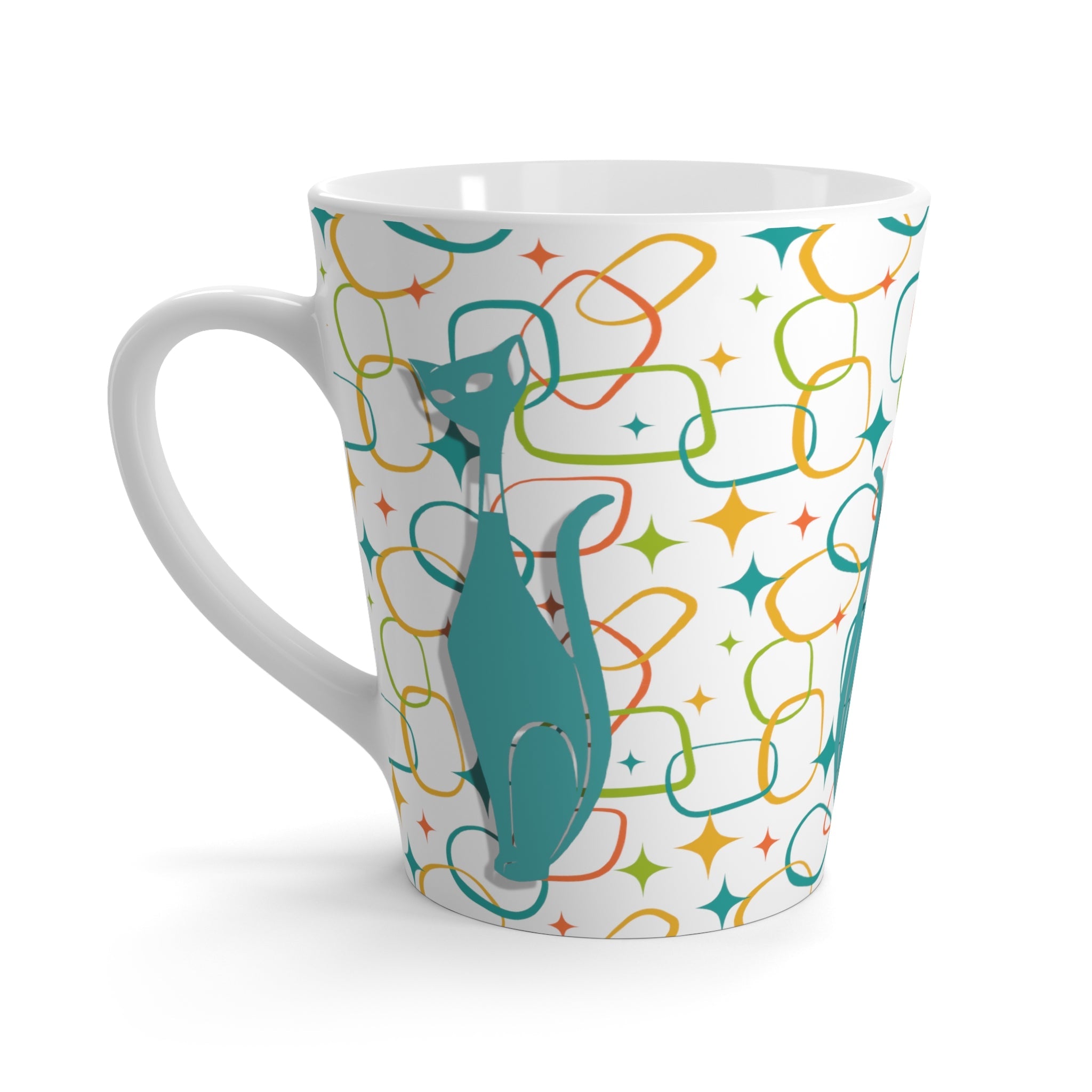 Atomic Kittie, Kitschy 50s Retro Aqua, Orange, Green Geometric MCM Latte Mug Mug 12oz
