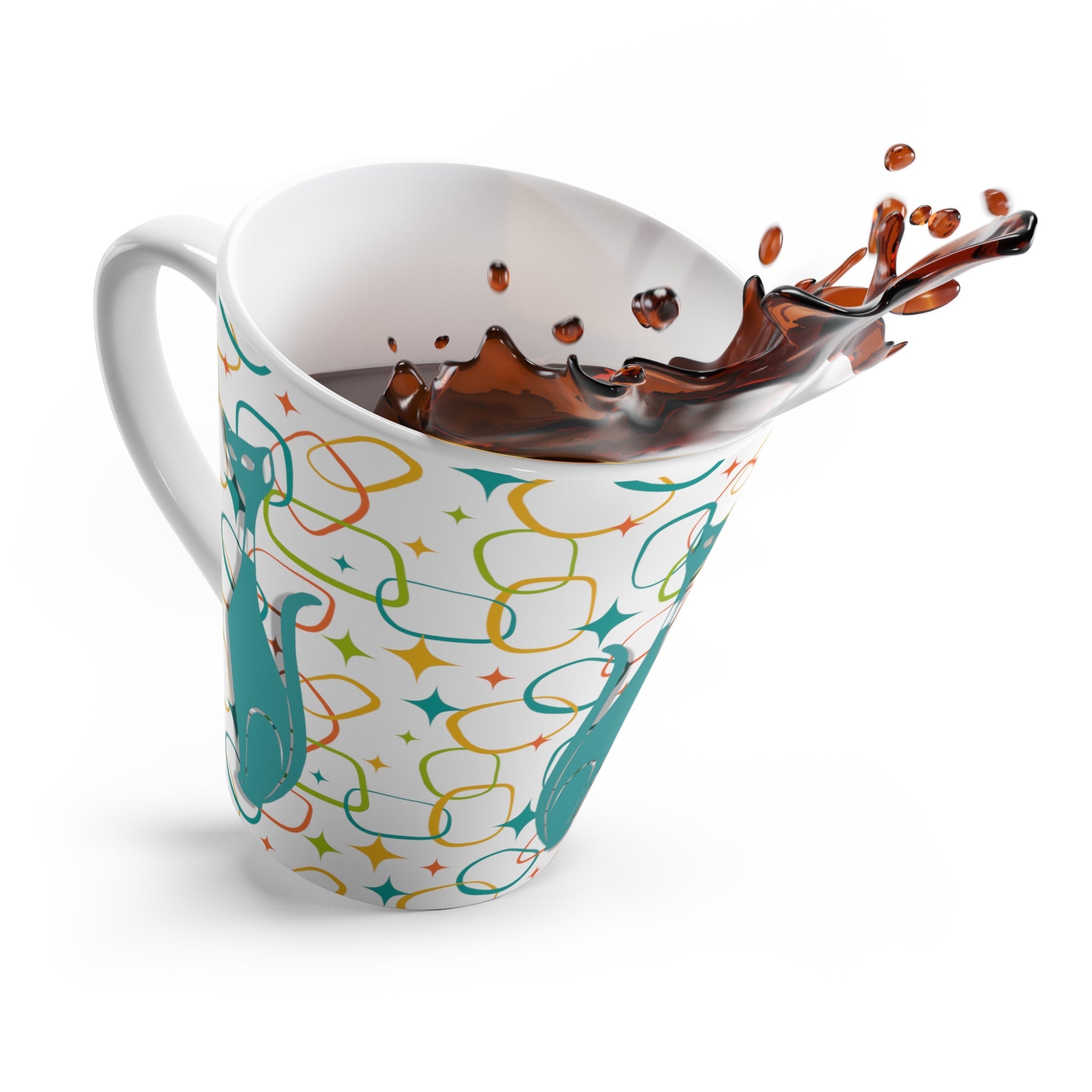 Atomic Kittie, Kitschy 50s Retro Aqua, Orange, Green Geometric MCM Latte Mug Mug 12oz