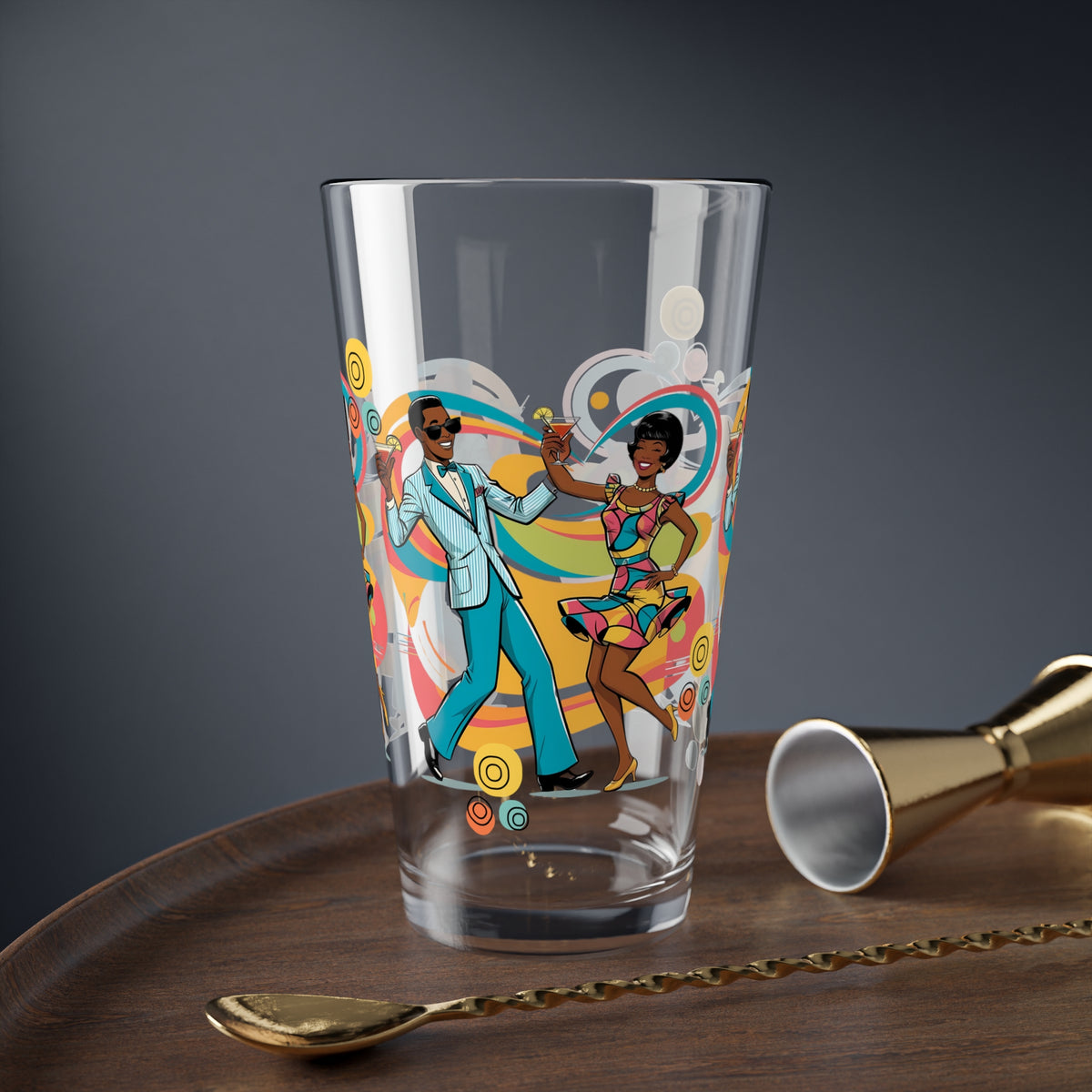 Mid Century Modern Barware, Black Couple, Retro Cocktail Mixing Glass - 16oz with Vibrant Dance Design - Mid Century Modern Gal