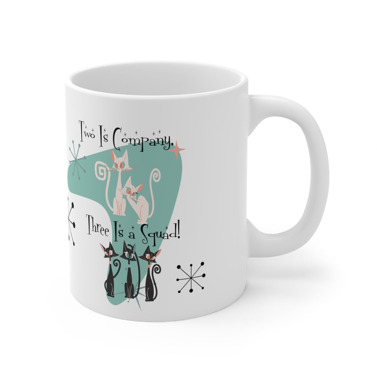 Three Is A Squad, Cat Mom, Best Friends Coffee Mug, Kitschy Cute Atomic Kitties Ceramic Mug 11oz - Mid Century Modern Gal