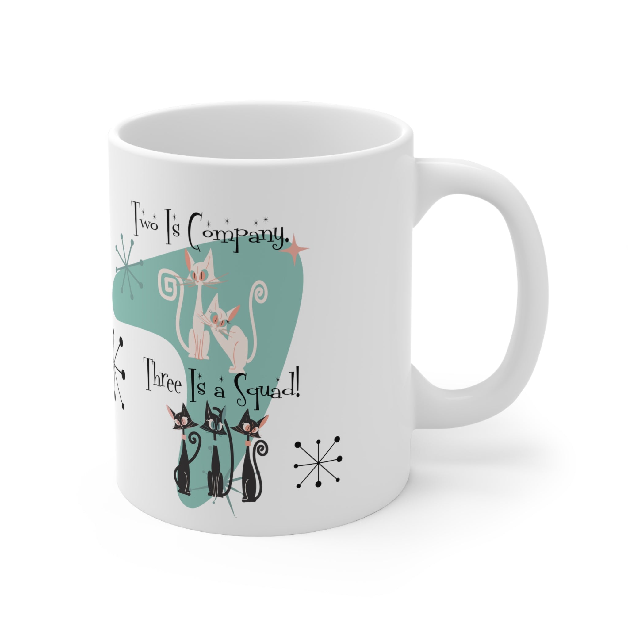 Three Is A Squad, Cat Mom, Best Friends Coffee Mug, Kitschy Cute Atomic Kitties Ceramic Mug 11oz - Mid Century Modern Gal