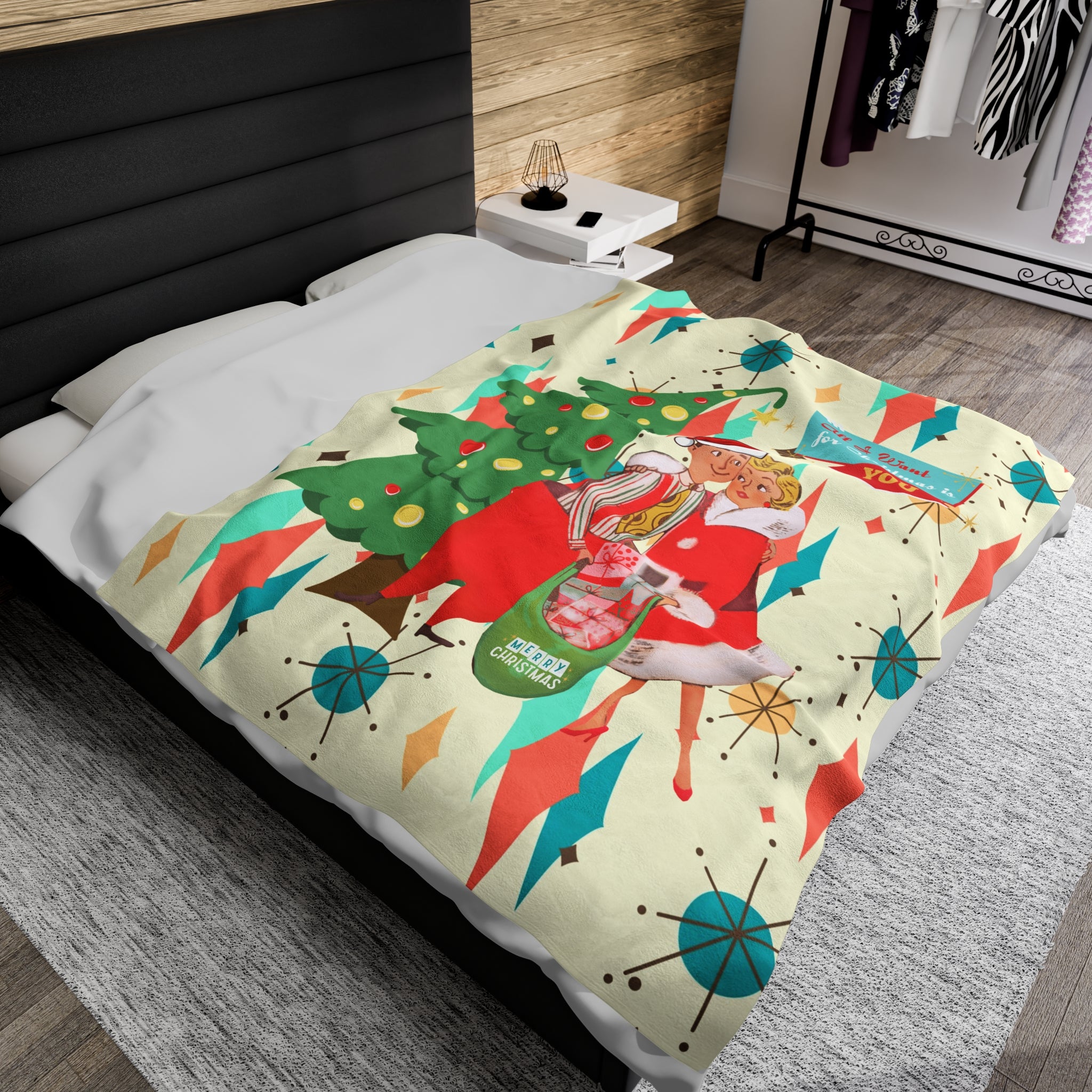 Retro Christmas Plush Blanket, Cozy Holiday Throw Blanket, Festive Decoration, Gift for Him and Her, Perfect for Winter Snuggles - Mid Century Modern Gal