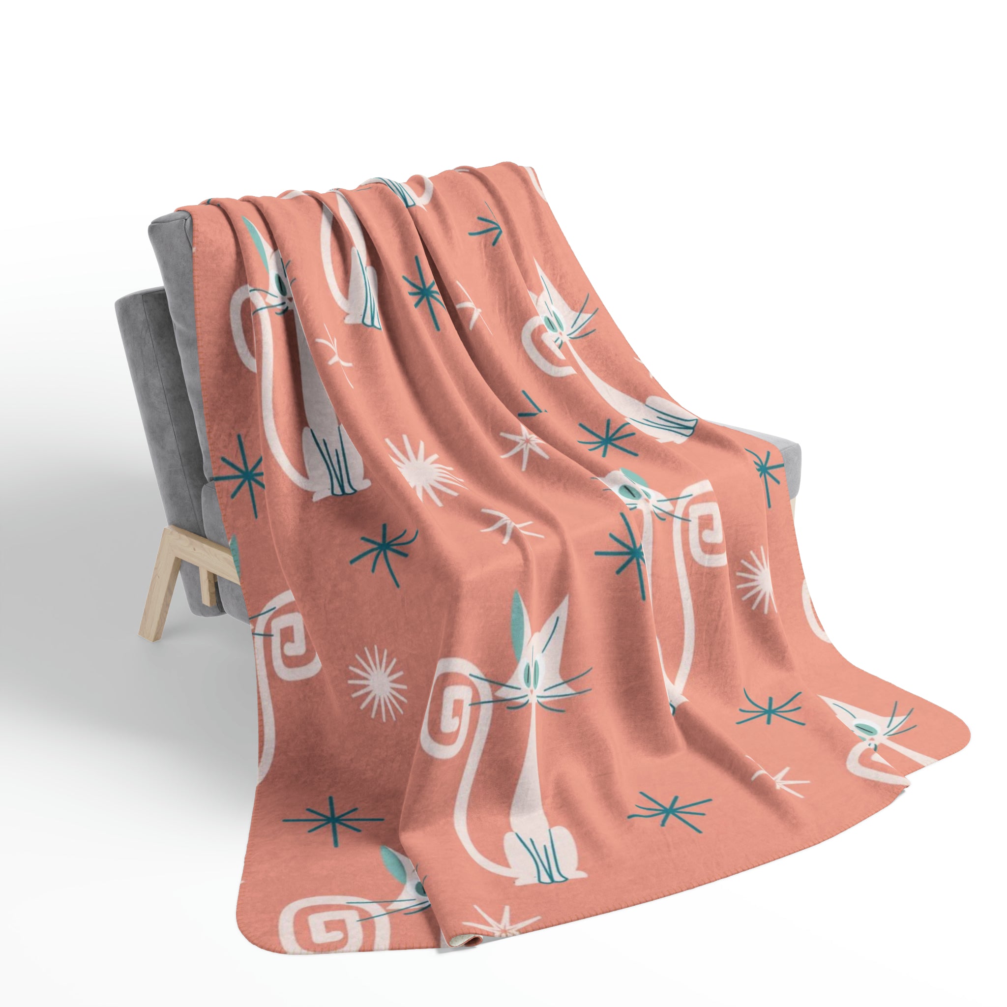 Cozy Cat, Atomic Cats, Coral, Teal Starburst Mid Century Modern Fleece Sherpa Blanket - Mid Century Modern Gal
