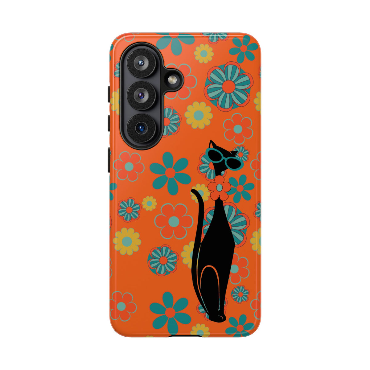 Flower Power, Retro Groovy Atomic Cat, Hipster Style Orange Samsung Galaxy and Google Pixel Tough Cases