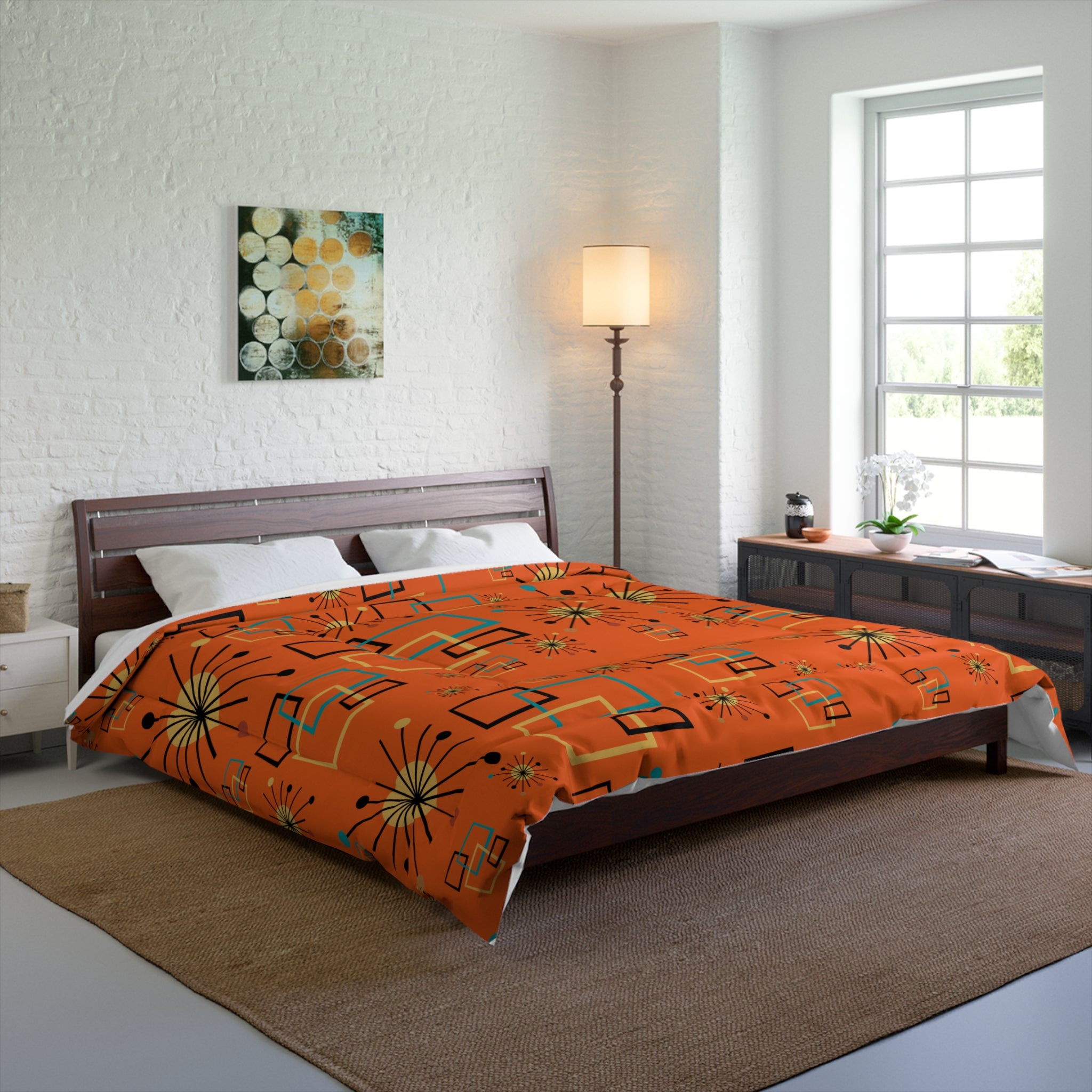 Retro Orange Starburst Mid Century Modern Comforter - Abstract Geometric Pattern for Cozy Bedrooms - Mid Century Modern Gal