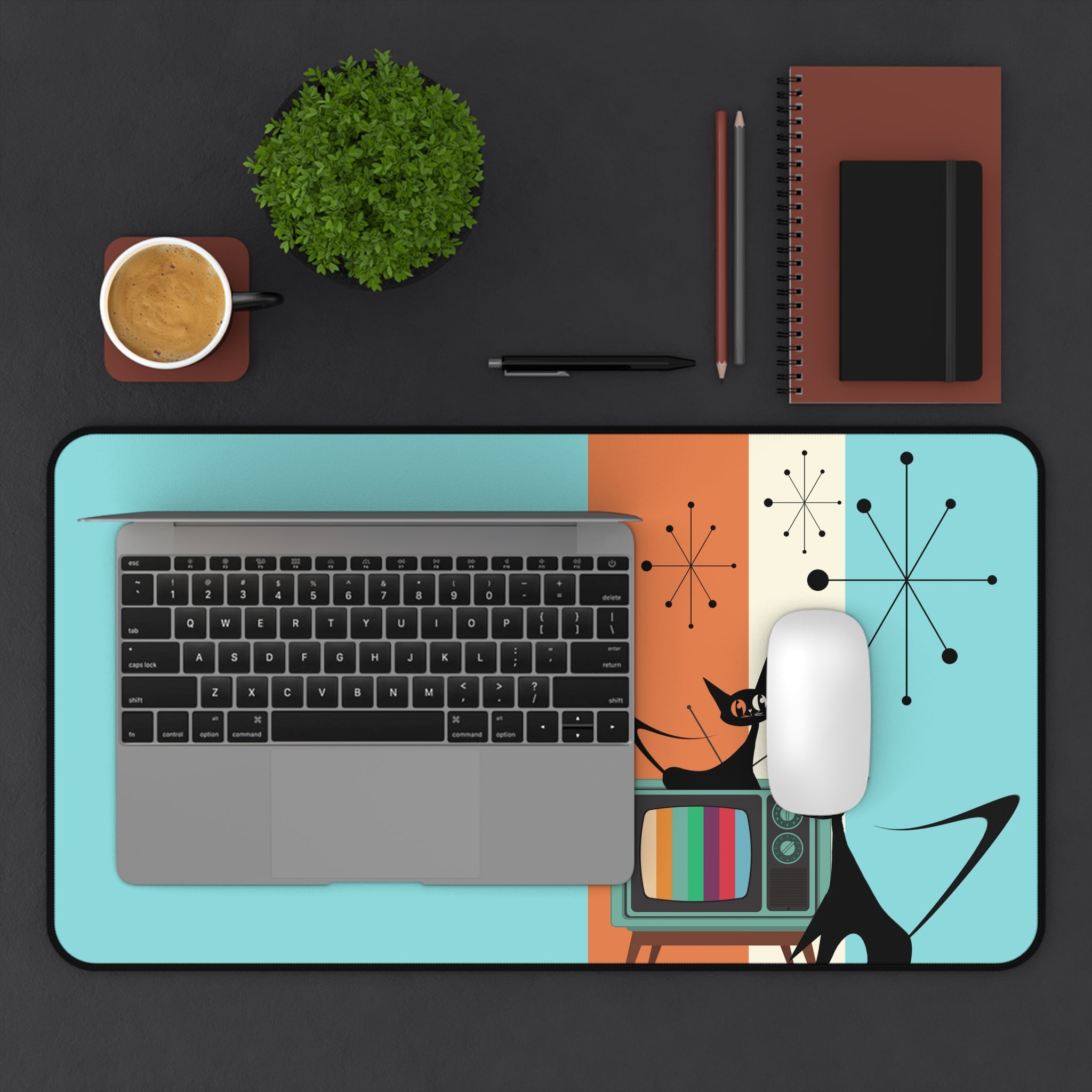 Atomic Cat, Aqua, Retro Mid Mod, Starburst, Orange, Cool Mid Century Modern Desk Mat - Mid Century Modern Gal