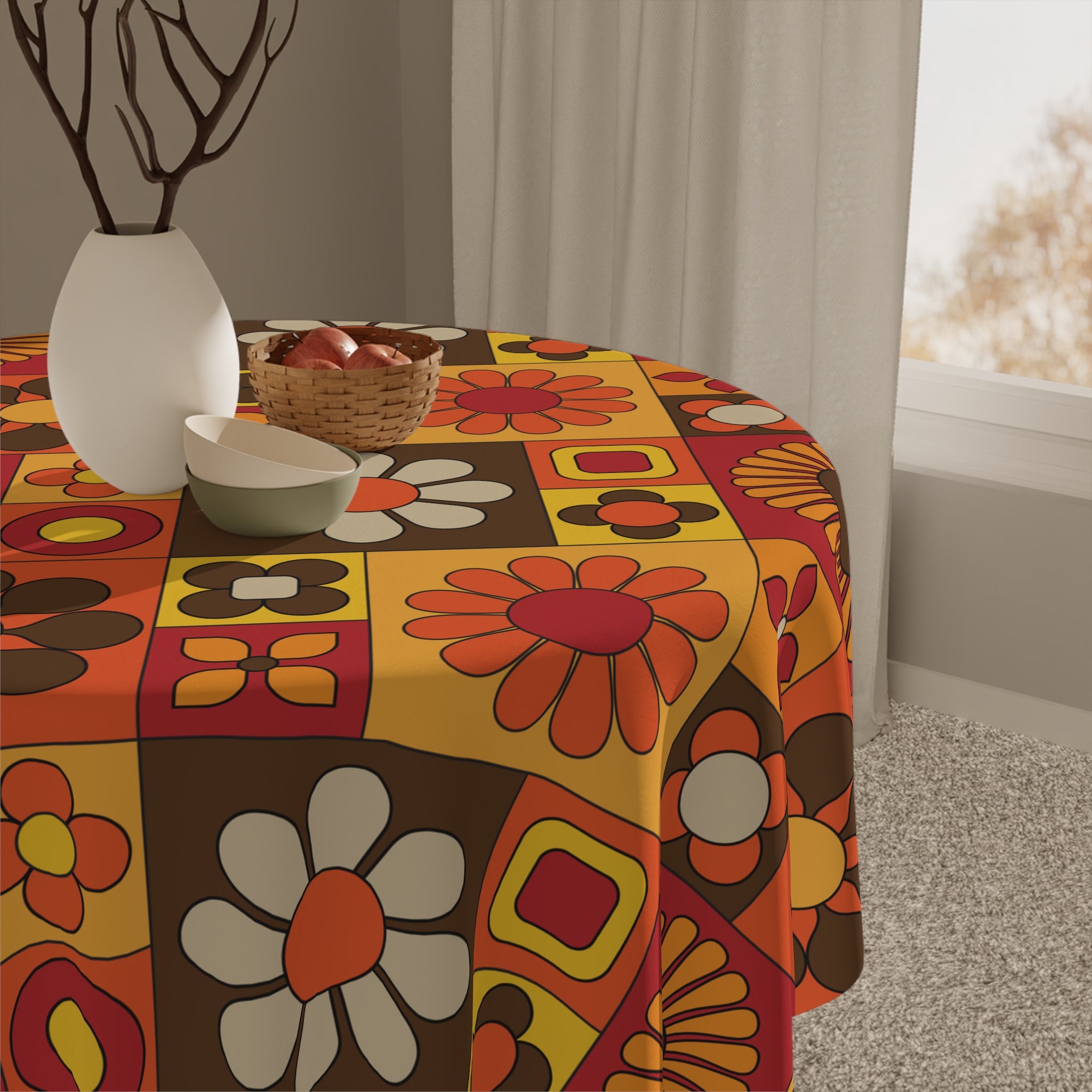 Retro 70s Mid Mod Orange, Brown, Yellow Floral Tablecloth – Vibrant Design for Your Dining Table - Mid Century Modern Gal