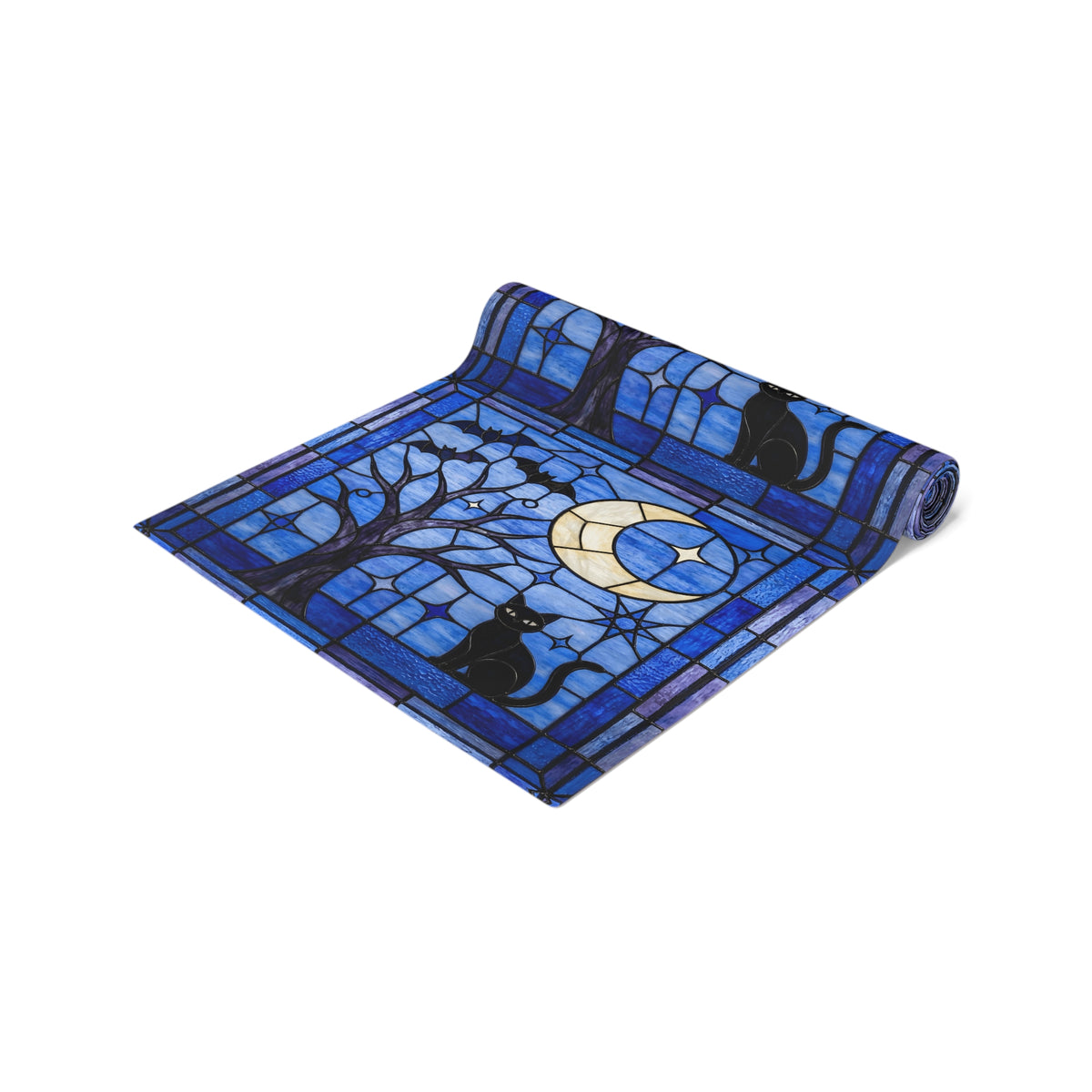 Halloween Stained Glass Style Night Sky Black Cat Table Runner - Mid Century Modern Gal