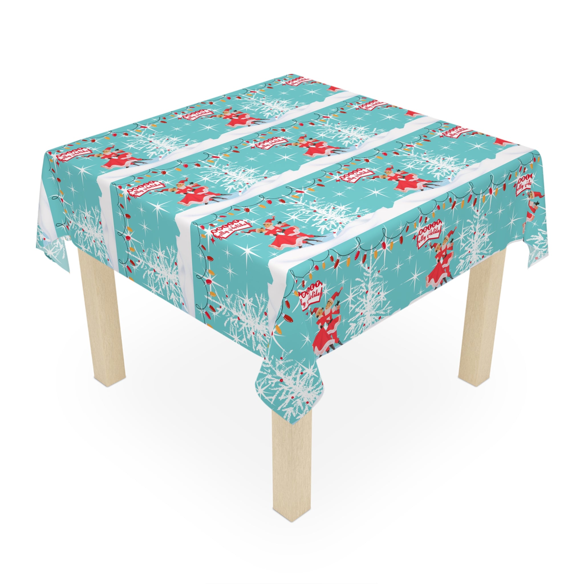 50s Mod Kitschy Couple Retro Christmas Aqua Red, Holiday Tablecloth - Mid Century Modern Gal
