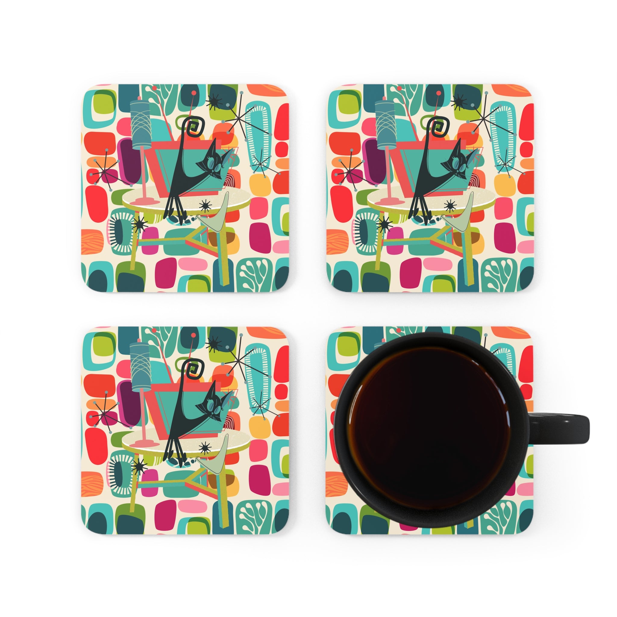 Mid Century Modern Amoeba Pattern, MCM Retro Party Corkwood Coaster Set - Mid Century Modern Gal