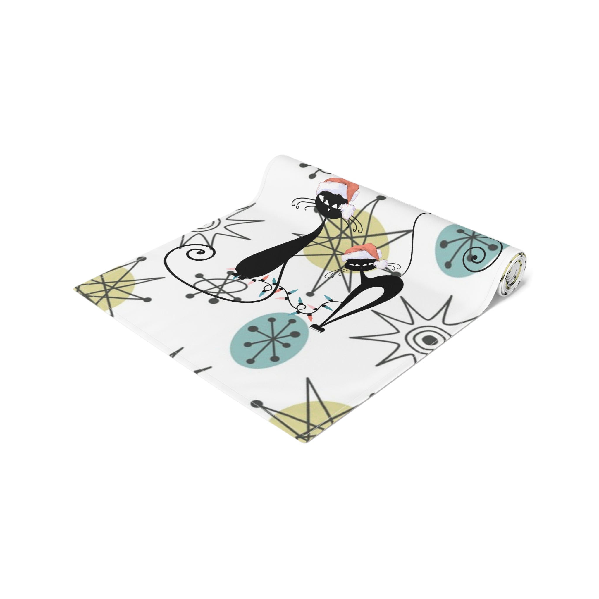 Mid Century Modern Franciscan Starburst, Kitschy 50s Atomic Cat Season Greetings Holiday Table Runner - Mid Century Modern Gal
