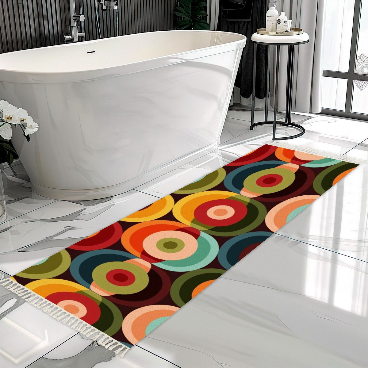 Mid Century Modern Boho Retro Orb Colorful Funky Tassel Rug - Mid Century Modern Gal