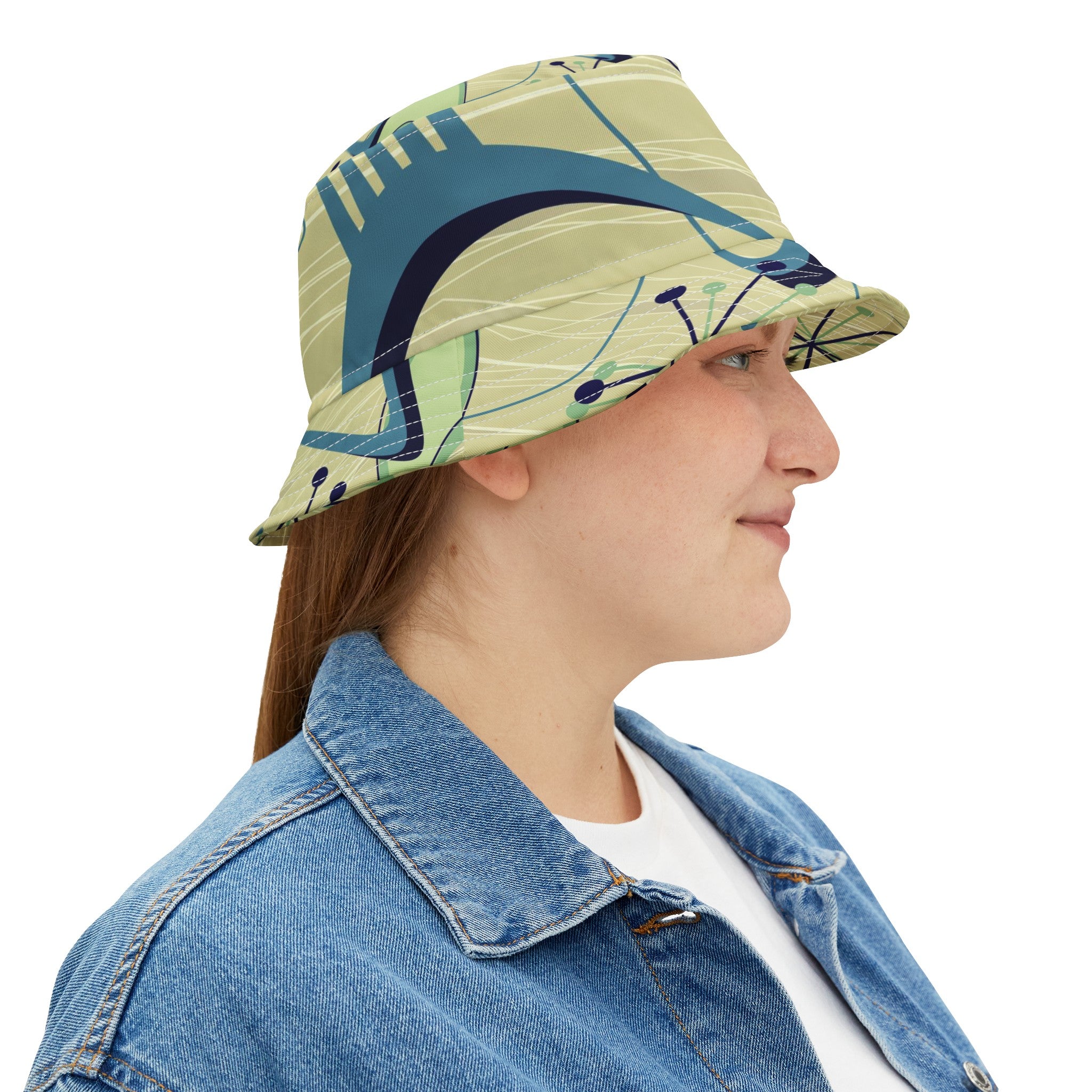 Atomic Space Retro Unisex Bucket Hat, Green, Blue Boomerang Starbursts Mod Hat - Mid Century Modern Gal