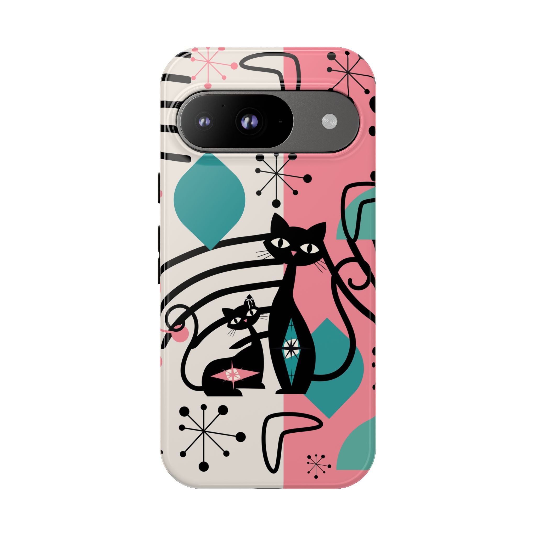 Mid Mod Atomic Cat Boomerang Starburst, Pink, Black Kitschy Stylish Cat Phone Case: Modern Design for Cat Lovers