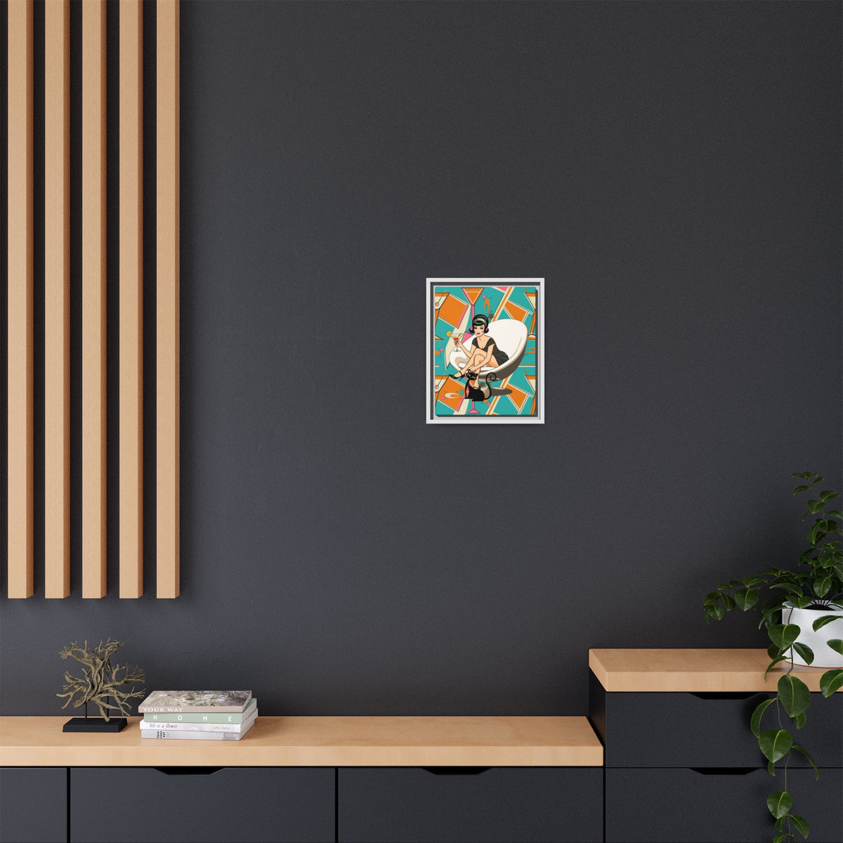Framed matte canvas wall art featuring a vintage cocktail and retro cat design in vibrant mid-century colors.