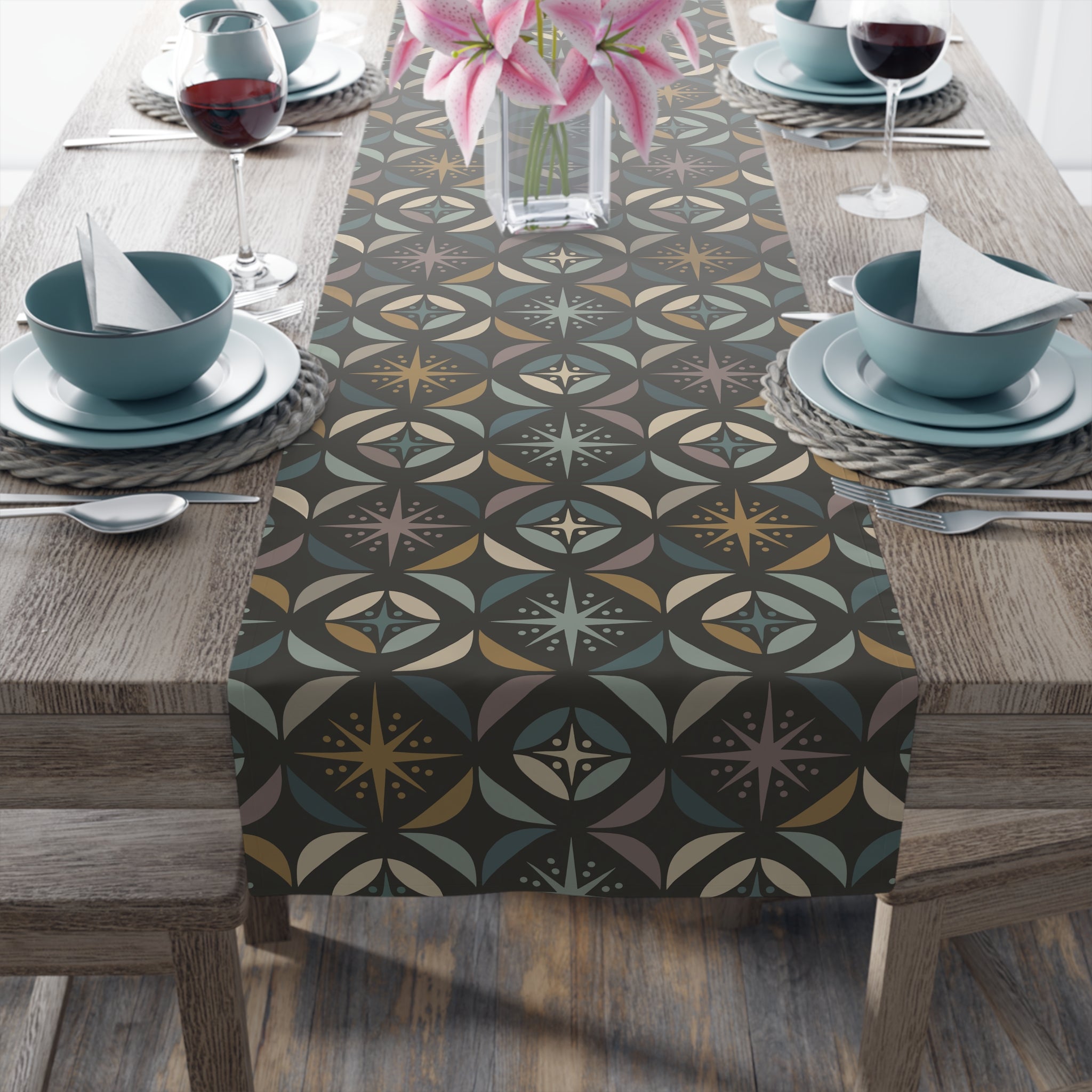 Mid Century Modern Elegant Gray Geometric Starburst Table Runner - Mid Century Modern Gal