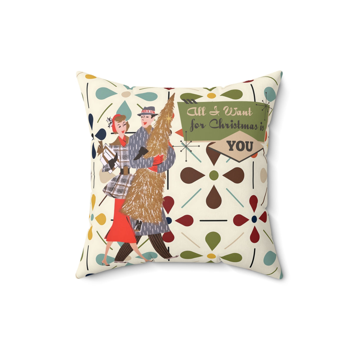 All I Want for Christmas Is You Vintage 50s Kitsch Couple Holiday Decorative Pillow - Mid Century Modern Gal