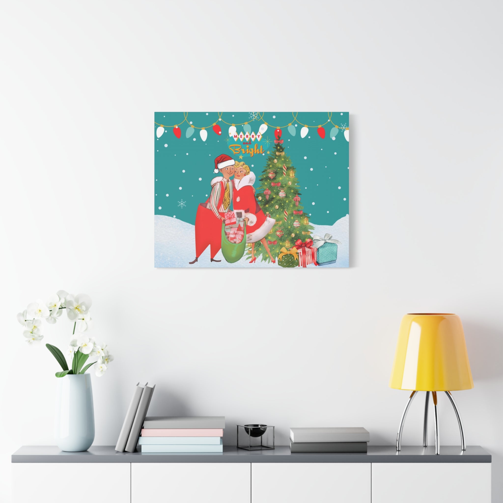 Christmas Mantel Art, Retro Vintage 50s Kitschy Mod Couple Festive Holiday, Whimsical Christmas Wall Decor, Merry & Bright Decor - Mid Century Modern Gal