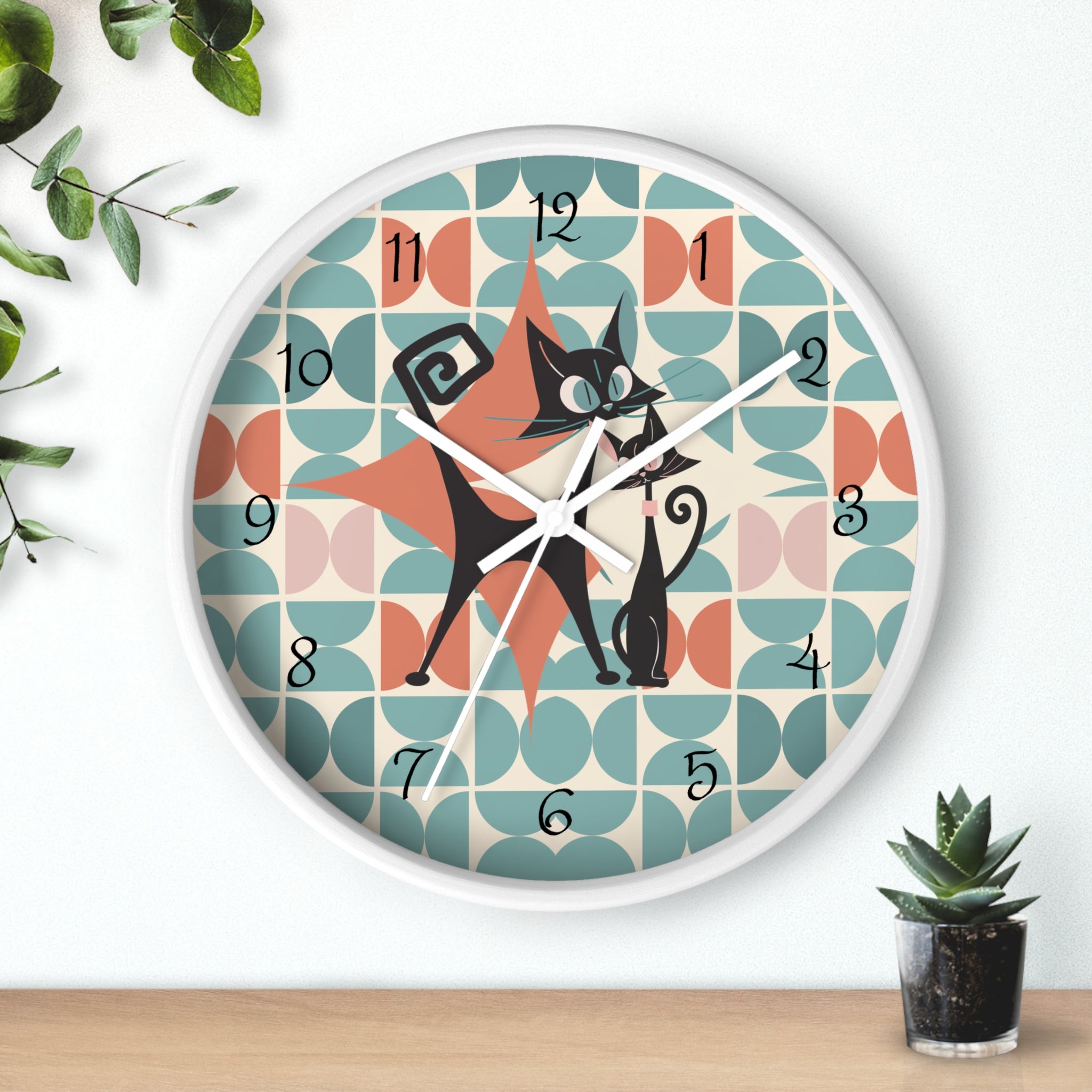 Kitchen Clock, Atomic Cat Retro Mid Century Modern Style With Scandinavian Designed Geometric Shapes, 50s Wall Clock For Cat Lovers - Mid Century Modern Gal