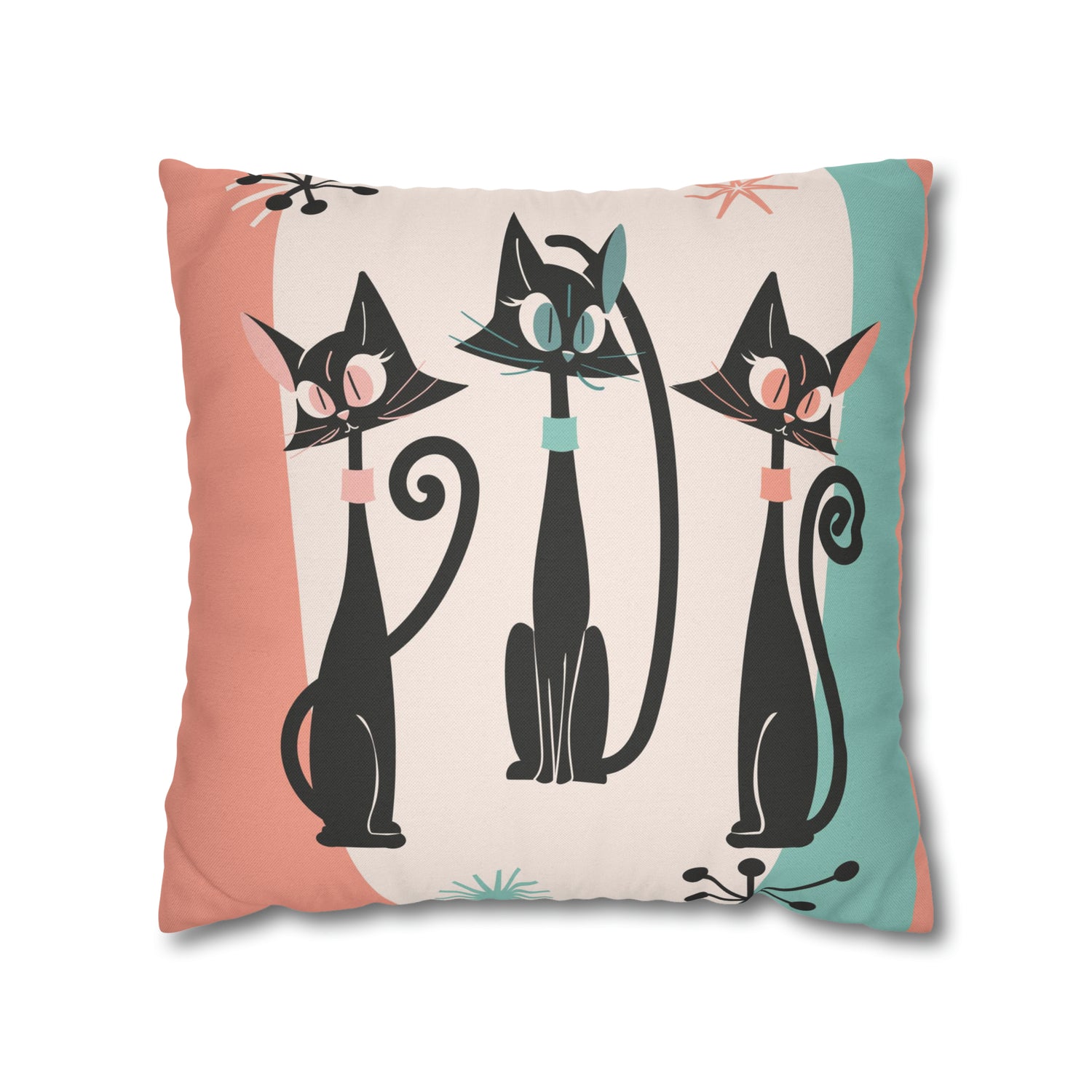 Atomic Cat Pillow, Kitschy 50s Mid Century Modern Style, Coral, Aqua, Creamy Beige, Retro MCM Atomic Home Living Pillow COVER - Mid Century Modern Gal
