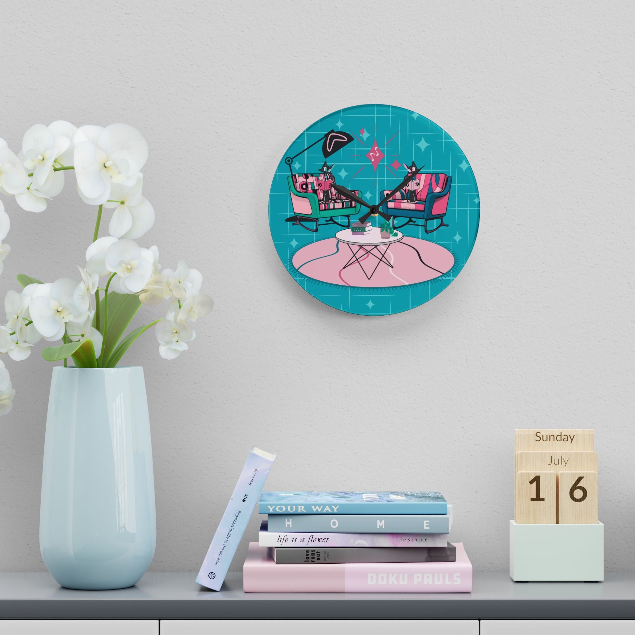 Atomic Reading Cats, Kitschy Mod Quirky Retro Modern Acrylic Wall Clock - Mid Century Modern Gal