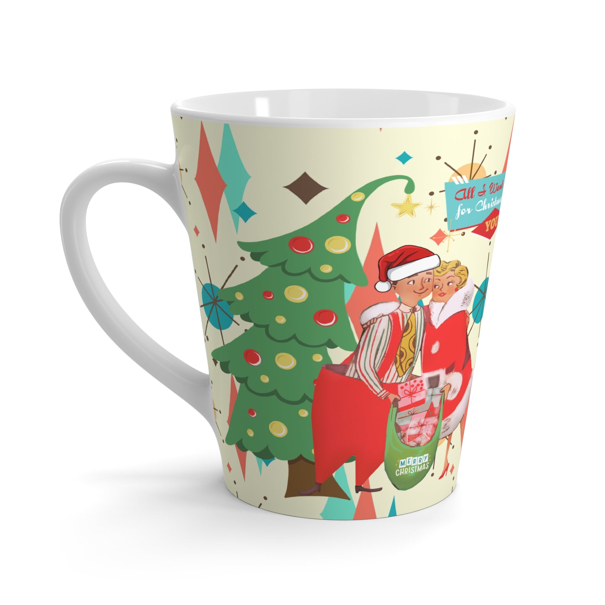 Vintage Christmas Latte Mug, Cozy Holiday Beverage Cup, Perfect Gift for Him & Her, Festive Cups for Christmas, Joyful Coffee Mug - Mid Century Modern Gal