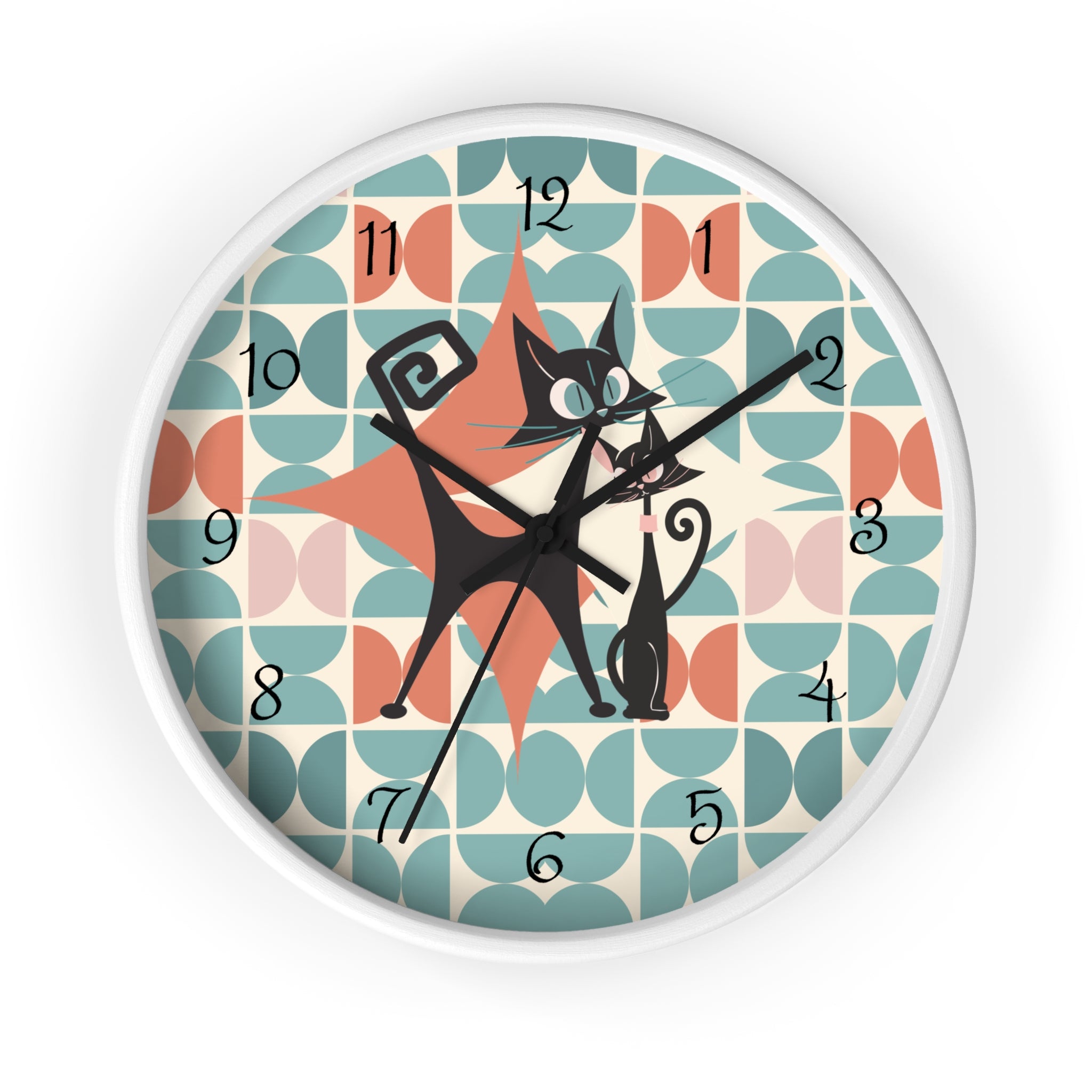 Kitchen Clock, Atomic Cat Retro Mid Century Modern Style With Scandinavian Designed Geometric Shapes, 50s Wall Clock For Cat Lovers - Mid Century Modern Gal