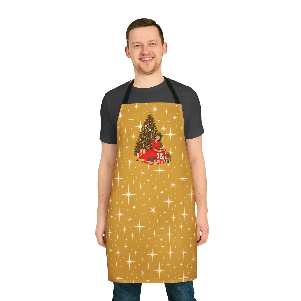 Mid Century Modern Christmas Glamour Gal Wrapping Presents by Tree, Gold Atomic Starbursts Apron