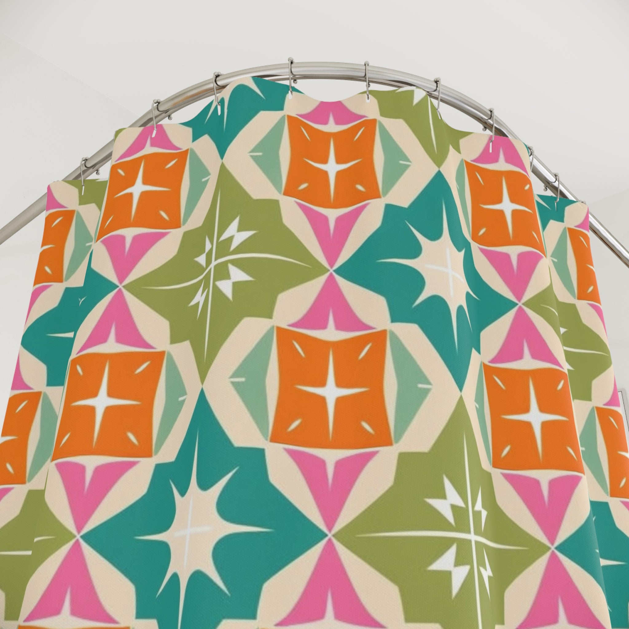 Mid Century Modern Atomic Diamond Starburst, Vibrant Geometric Shower Curtain - Colorful Modern Bathroom Decor - Mid Century Modern Gal