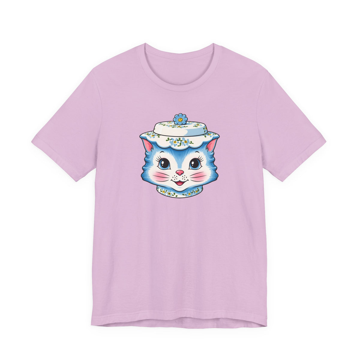 Mid Century Modern Kitschy Anthropomorphic Blue Cat with Floral Hat Unisex T-Shirt