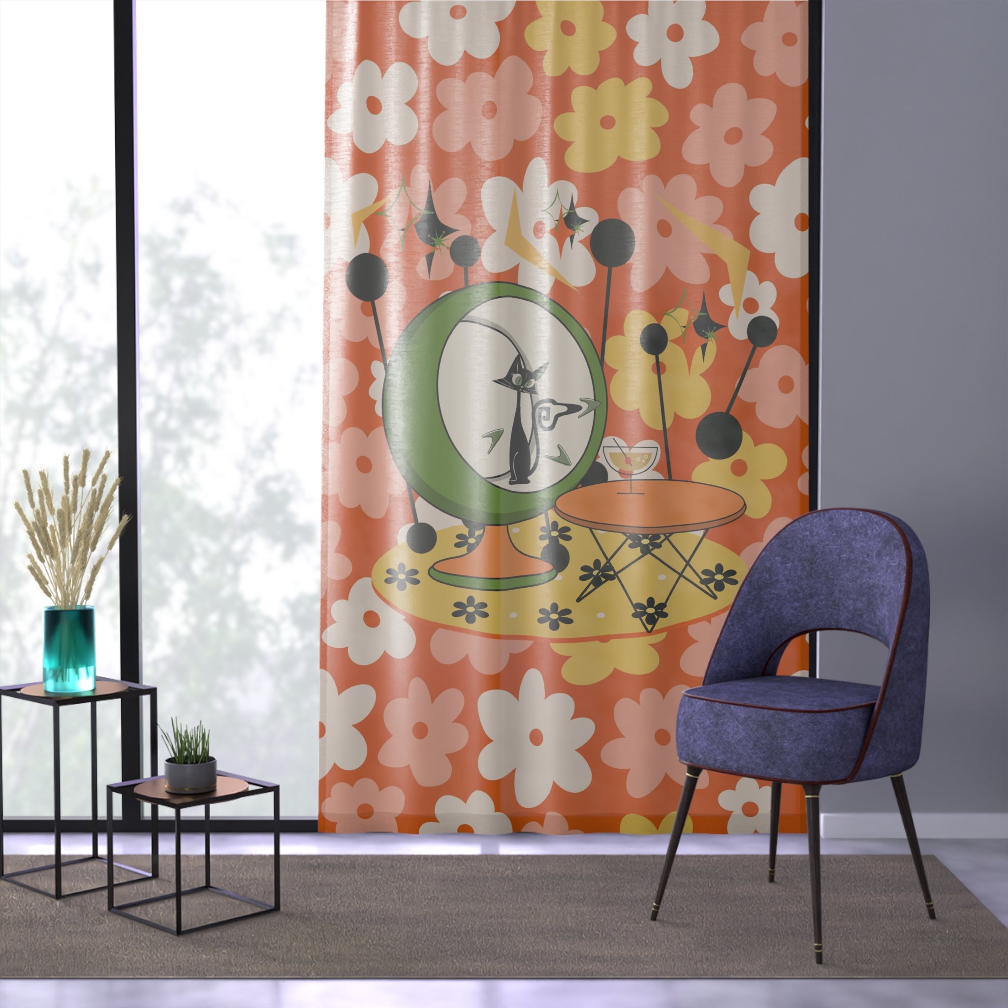 Atomic Groovy Cat, Vibrant Floral Sheer Window Curtain - Retro Design - Mid Century Modern Gal