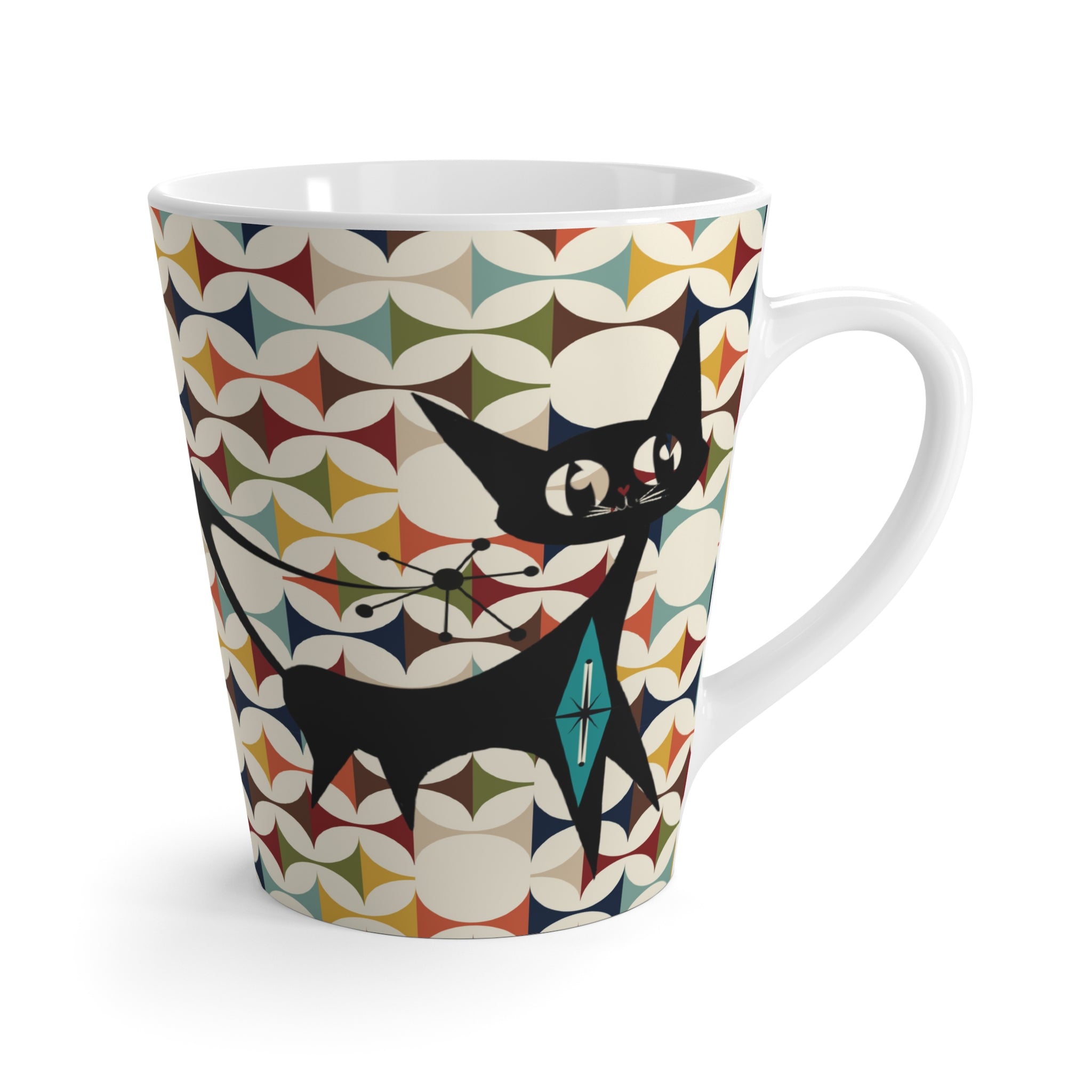 Retro Scandinvian Colorful Atomic Cat Latte Mug - Perfect for Cat Lovers and Cozy Mornings - Mid Century Modern Gal